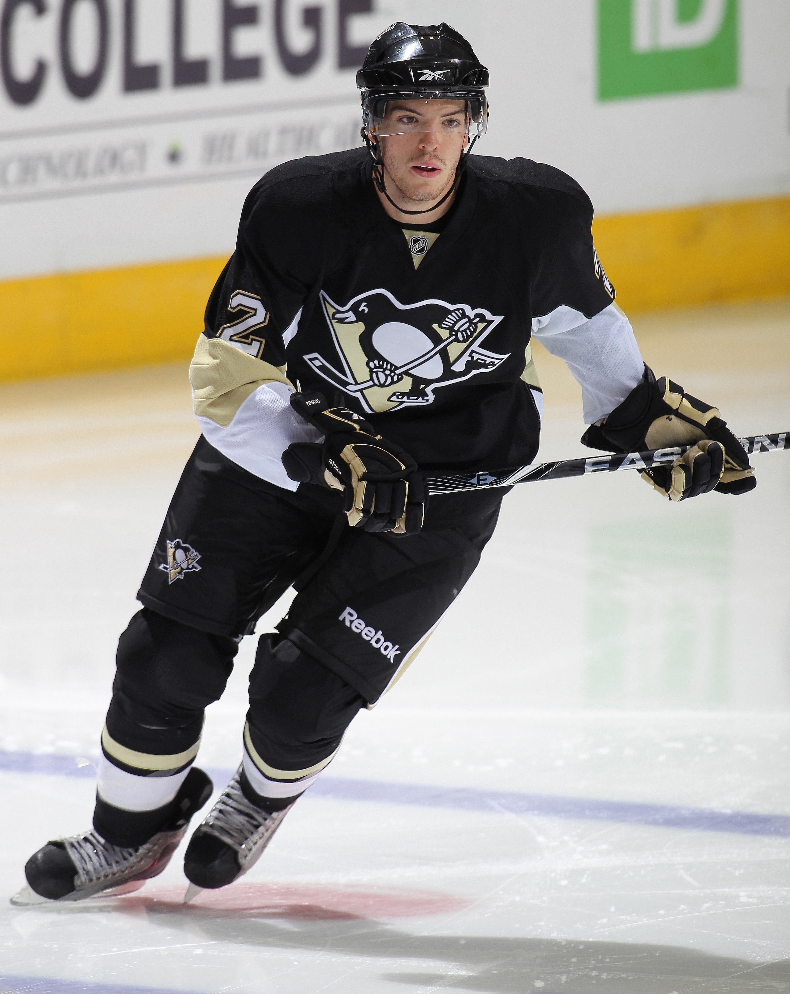 LONDON,ON - SEPTEMBER 14:  Simon Despres #2 of the Pittsburgh Penguins skates in a game against the Chicago Black Hawks during the NHL Rookie Tournament on September 14,2010 at the John Labatt Centre in London,Ontario. The Hawks defeated the Penguins 9-5.
