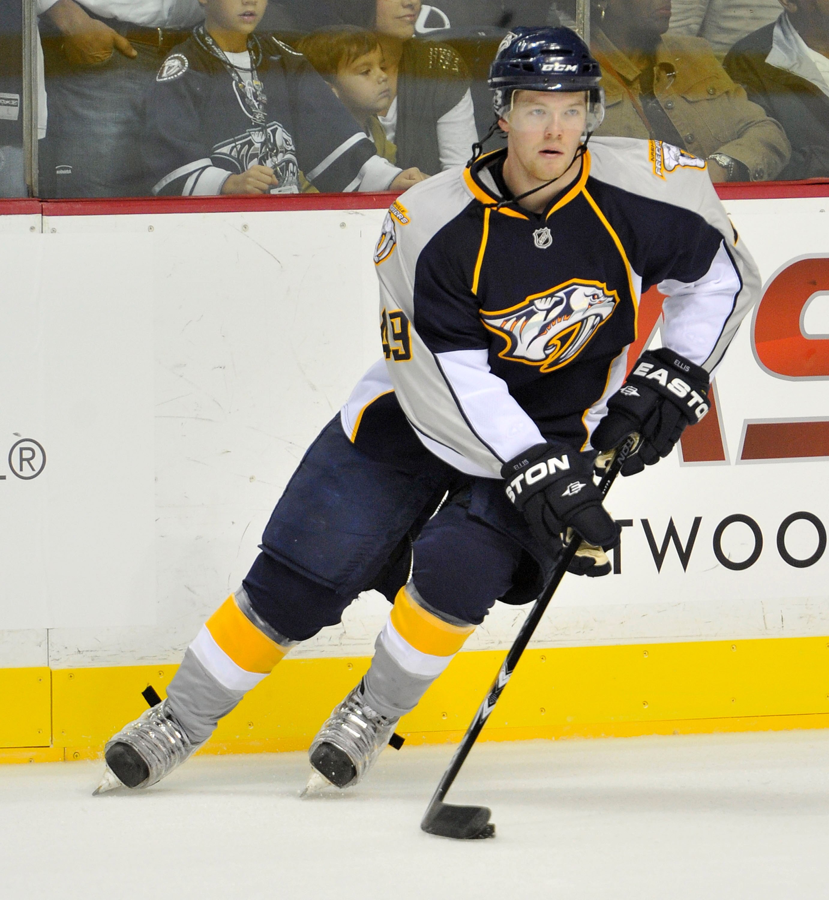 NASHVILLE, TN - SEPTEMBER 23:  Ryan Ellis #49 of the Nashville Predators skates against the Carolina Hurricanes at Bridgestone Arena on September 23, 2010 in Nashville, Tennessee.  (Photo by Frederick Breedon/Getty Images)