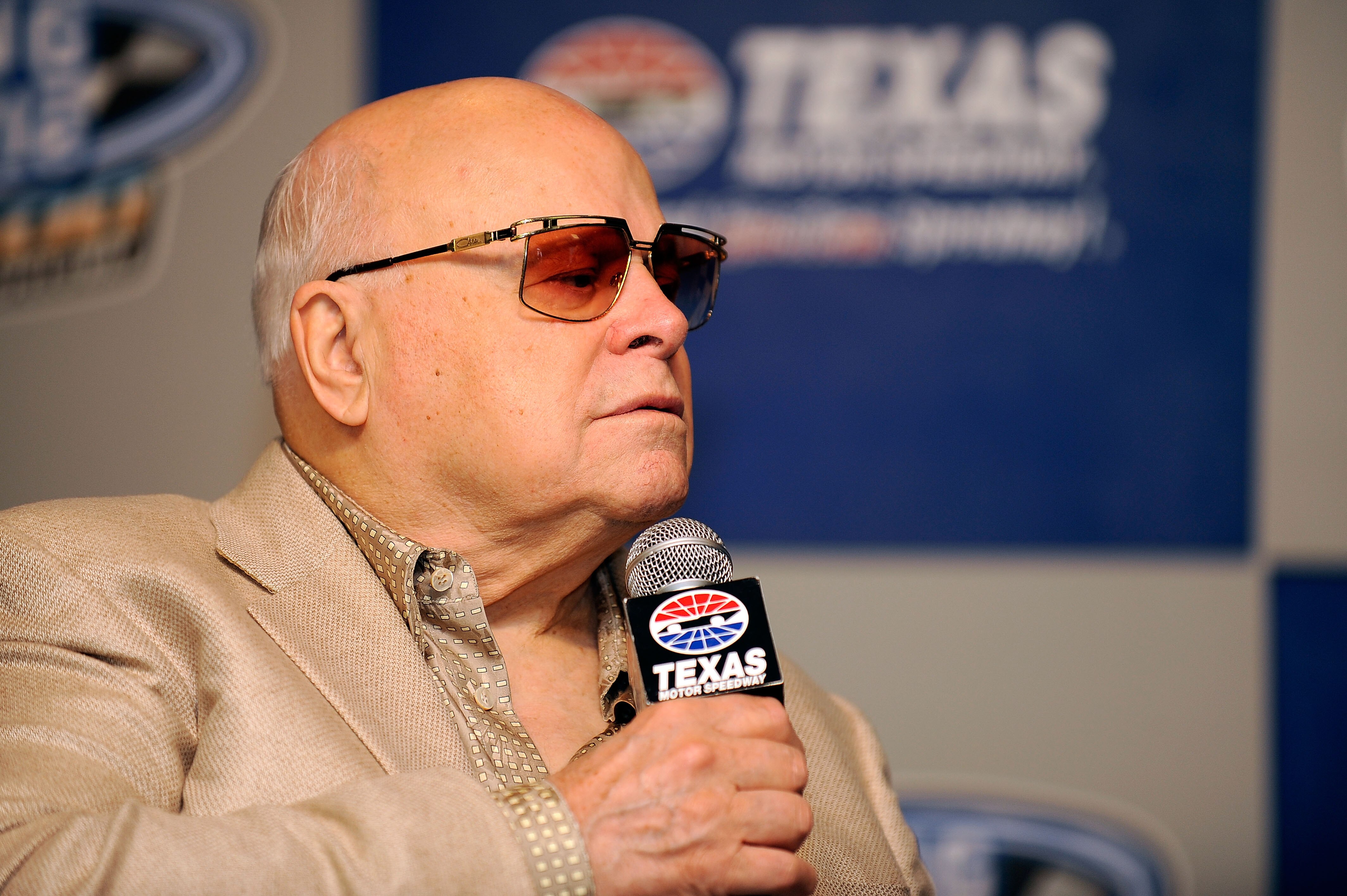 FORT WORTH, TX - APRIL 16:  Speedway Motorsports Inc. owner/CEO Bruton Smith speaks to the media during a press conference at Texas Motor Speedway on April 16, 2010 in Fort Worth, Texas.  (Photo by Rusty Jarrett/Getty Images for NASCAR)