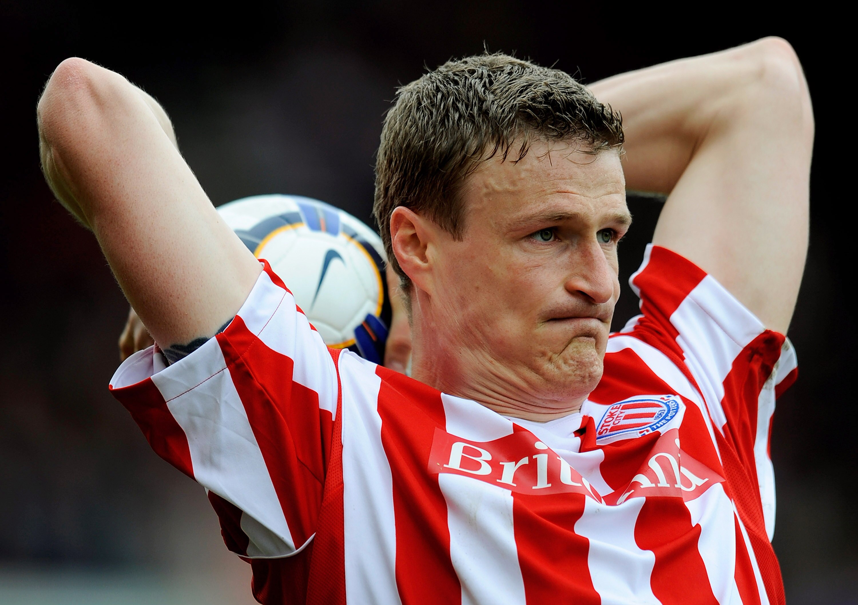 STOKE ON TRENT, ENGLAND - APRIL 03: Robert Huth of Stoke takes a throw in during the Barclays Premier League match between Stoke City and Hull City at the Britannia Stadium on April 3, 2010 in Stoke on Trent, England.  (Photo by Michael Regan/Getty Images