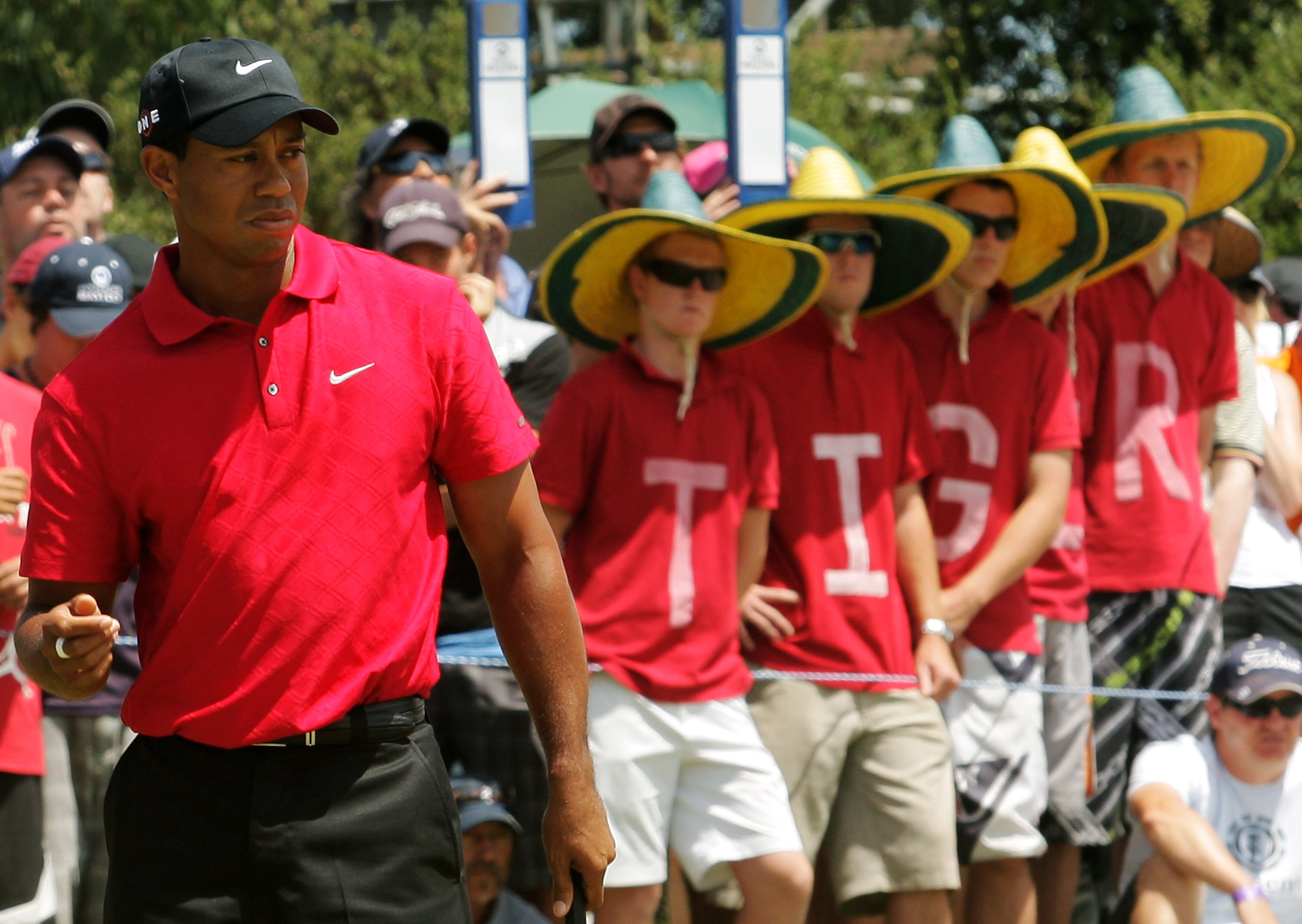 MELBOURNE, AUSTRALIA - NOVEMBER 15:  Tiger supporters watch Tiger Woods of the USA putt on the 1st hole during the final round of the 2009 Australian Masters at Kingston Heath Golf Club on November 15, 2009 in Melbourne, Australia.  (Photo by Mark Dadswel
