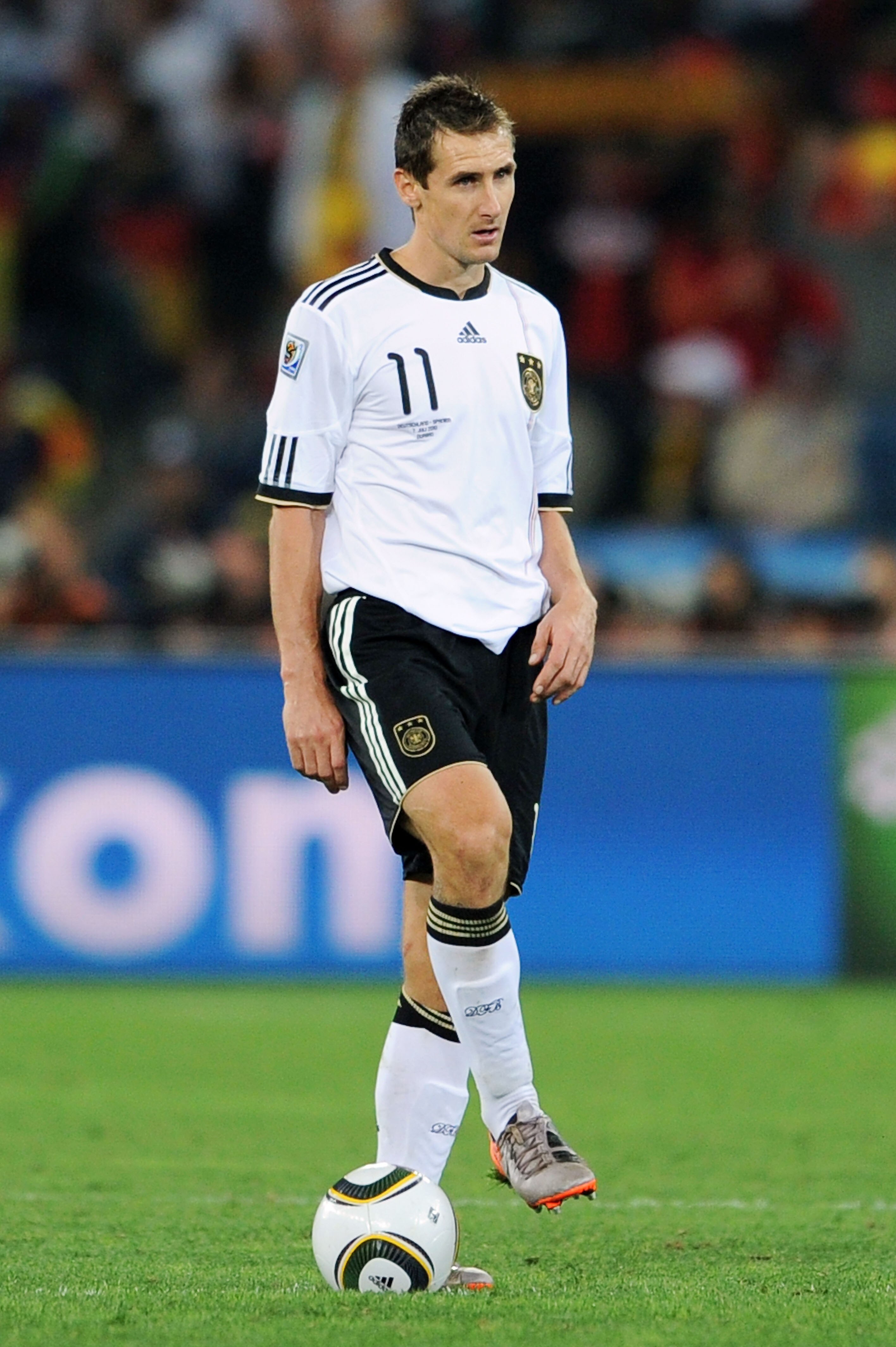 DURBAN, SOUTH AFRICA - JULY 07:  Miroslav Klose of Germany with the ball during the 2010 FIFA World Cup South Africa Semi Final match between Germany and Spain at Durban Stadium on July 7, 2010 in Durban, South Africa.  (Photo by Jasper Juinen/Getty Image