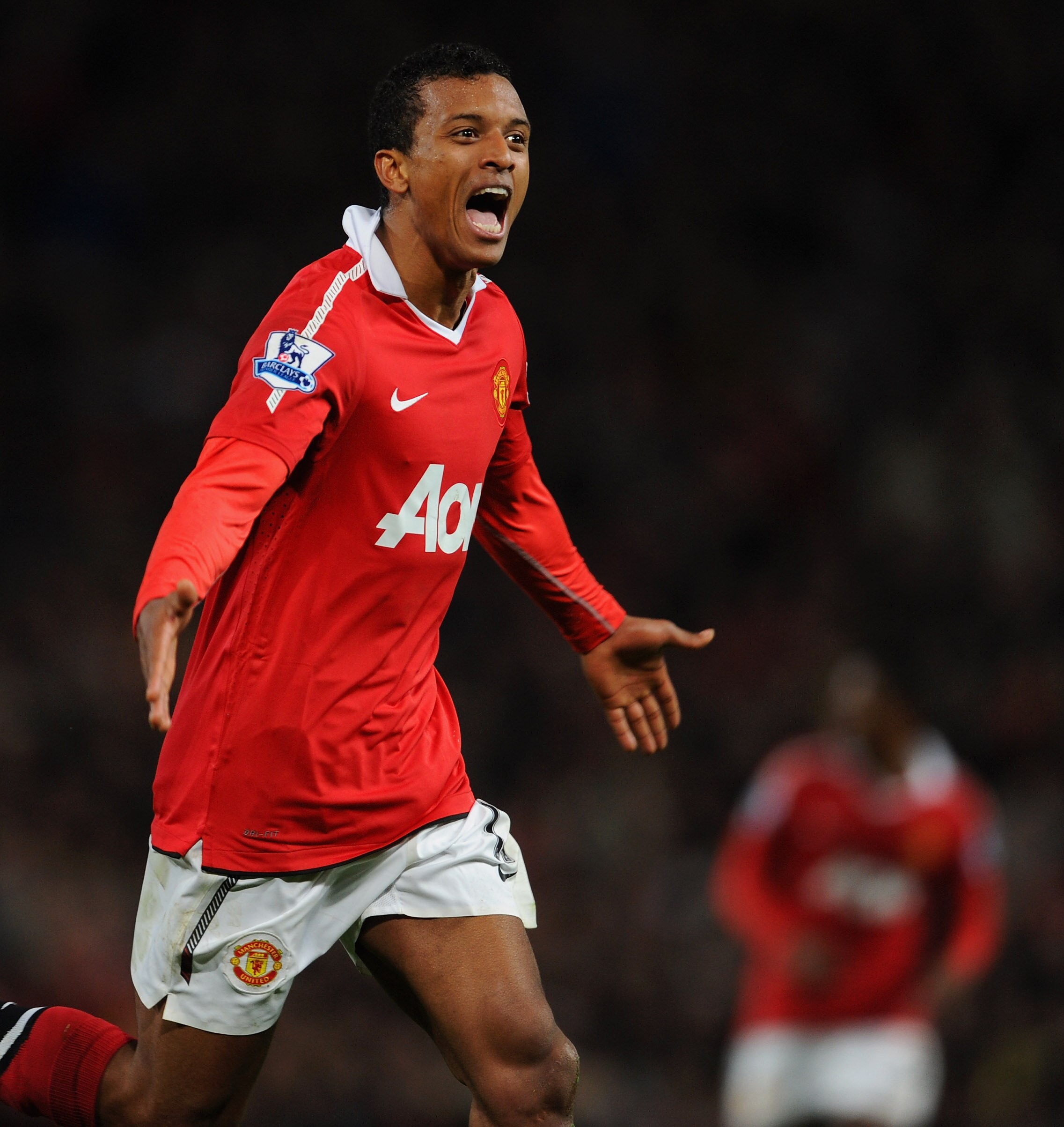 MANCHESTER, ENGLAND - OCTOBER 30:  Nani of Manchester United celebrates scoring to make it 2-0 during the Barclays Premier League match between Manchester United and Tottenham Hotspur at Old Trafford on October 30, 2010 in Manchester, England.  (Photo by
