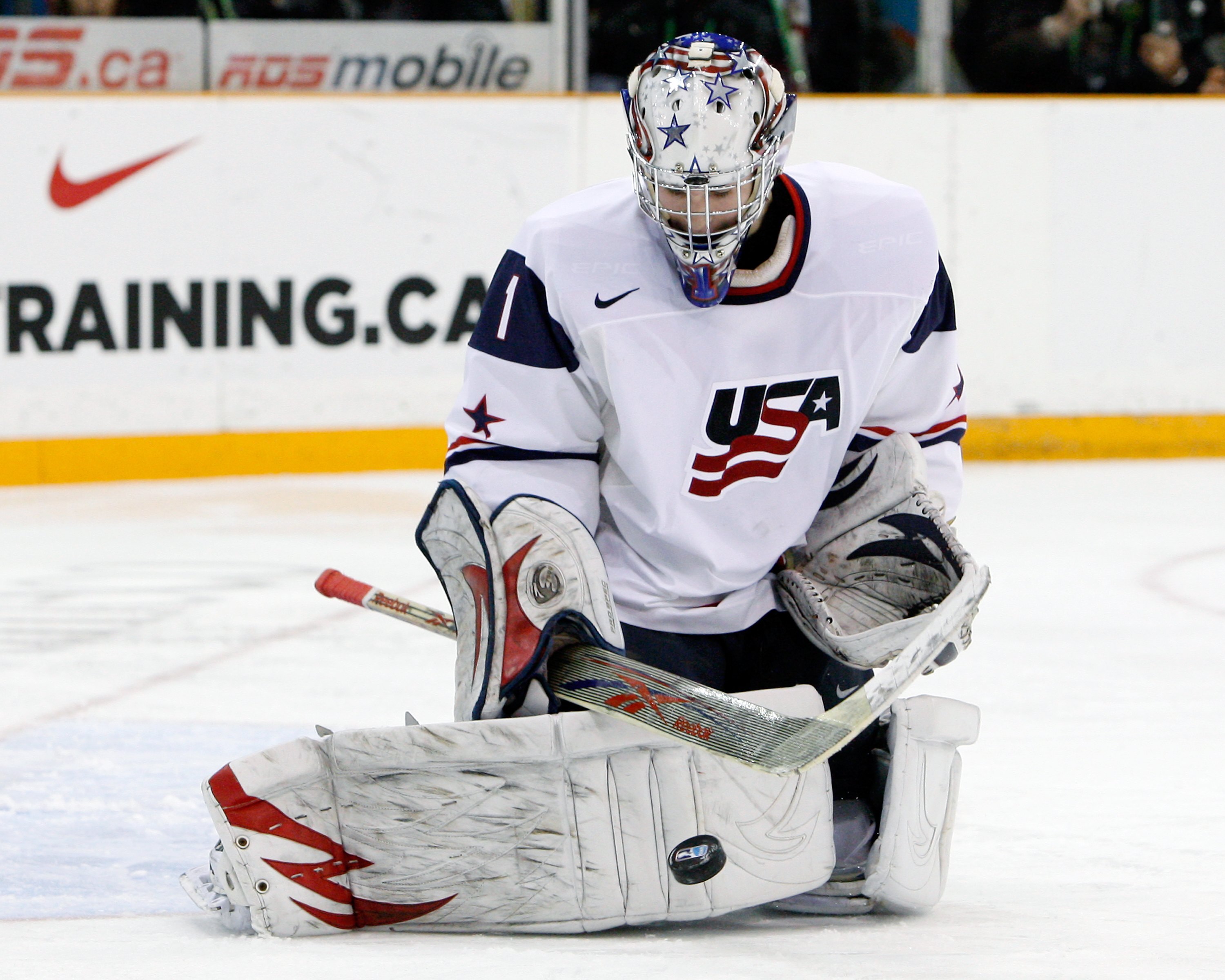 SASKATOON, SK - JANUARY 5:  Jack Campbell #1 of Team USA stops the puck during the 2010 IIHF World Junior Championship Tournament Gold Medal game against Team Canada on January 5, 2010 at the Credit Union Centre in Saskatoon, Saskatchewan, Canada.  Team U