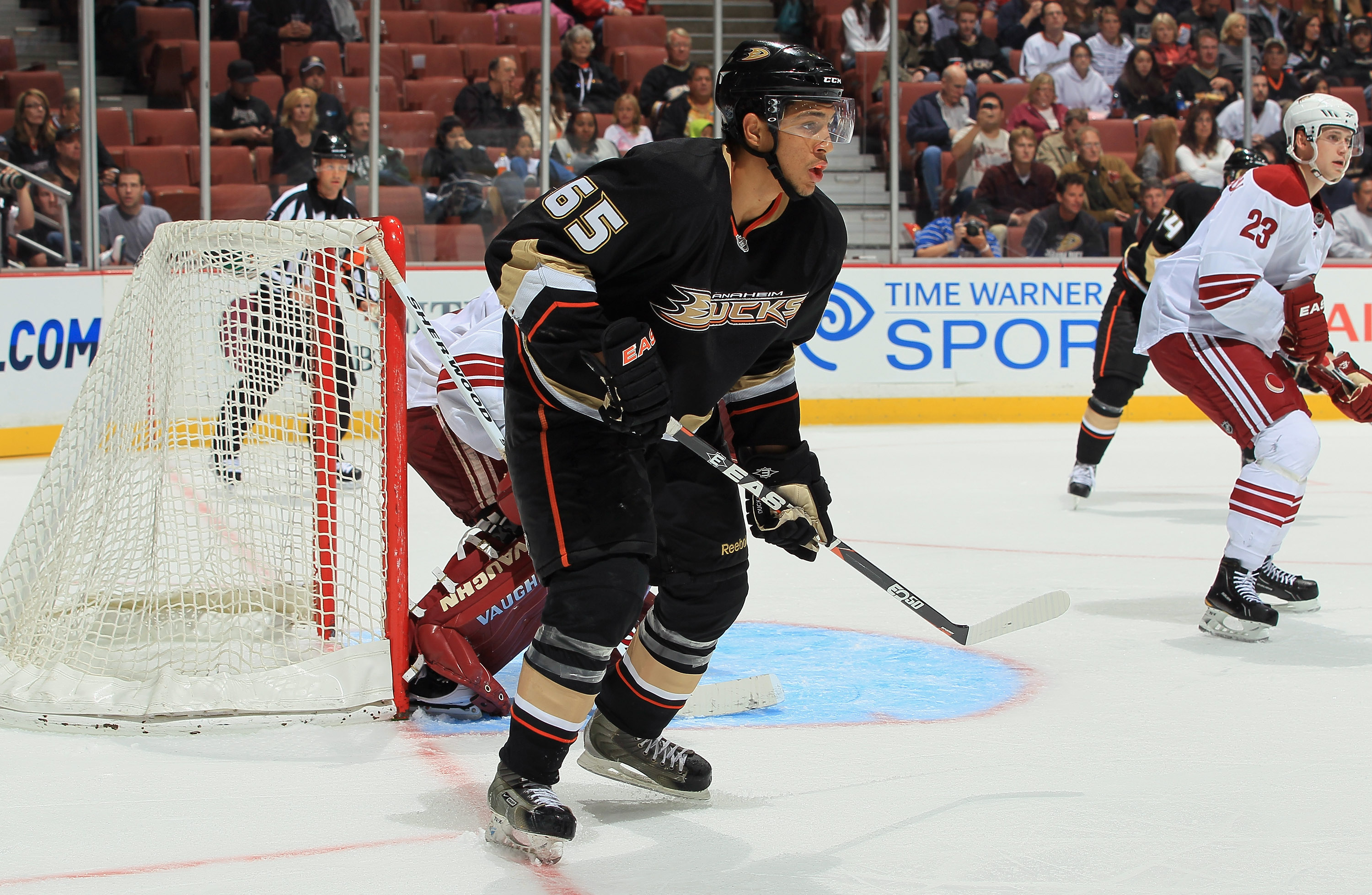 ANAHEIM, CA - SEPTEMBER 21:  Emerson Etem #65 of the Anaheim Ducks skates against the Phoenix Coyotes at Honda Center on September 21, 2010 in Anaheim, California. The Coyotes defeated the Ducks 4-1.  (Photo by Jeff Gross/Getty Images)