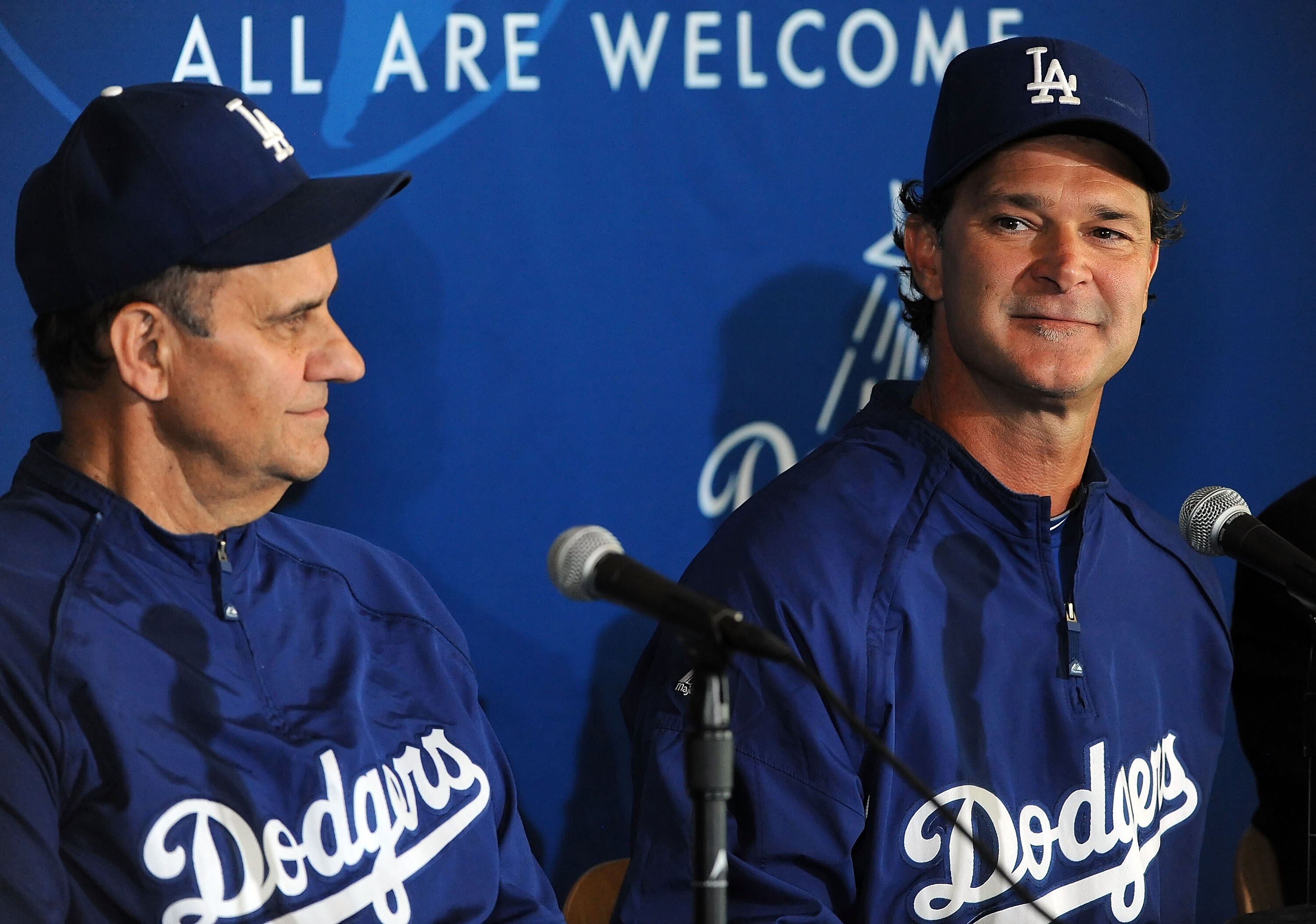 LOS ANGELES, CA - SEPTEMBER 17:  (L-R)Manager Joe Torre and coach Don Mattingly of the Los Angeles Dodgers attend a press conference announcing that Mattingly will manage the Dodgers in 2011 at Dodger Stadium on September17, 2010 in Los Angeles, Californi