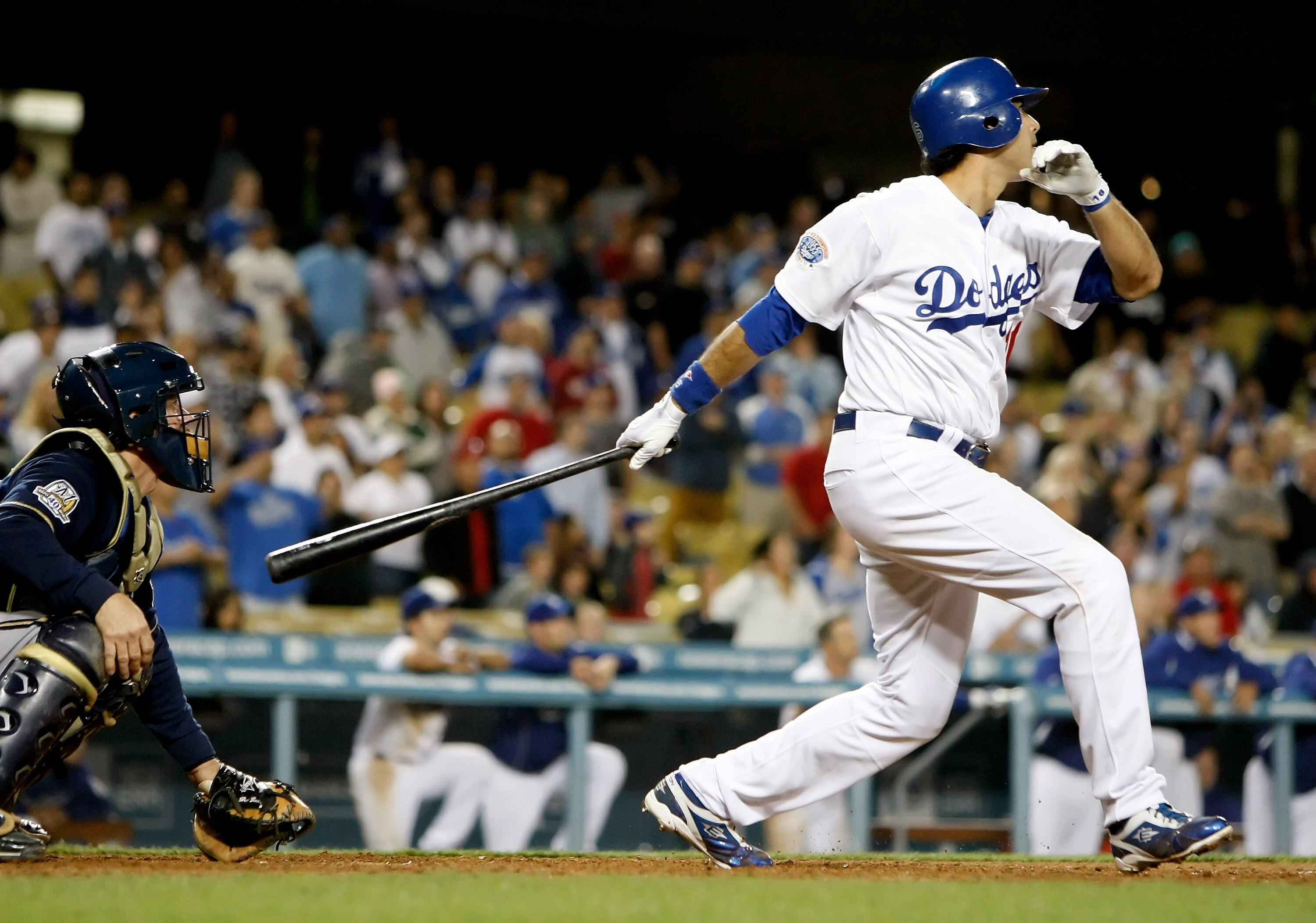 LOS ANGELES, CA - MAY 06:  Andre Ethier #16 of the Los Angeles Dodgers hits a walk-off grand slam in the ninth inning against the Milwaukee Brewers at Dodger Stadium on May 6, 2010 in Los Angeles, California.  The Dodgers defeated the Brewers 7-3.  (Photo