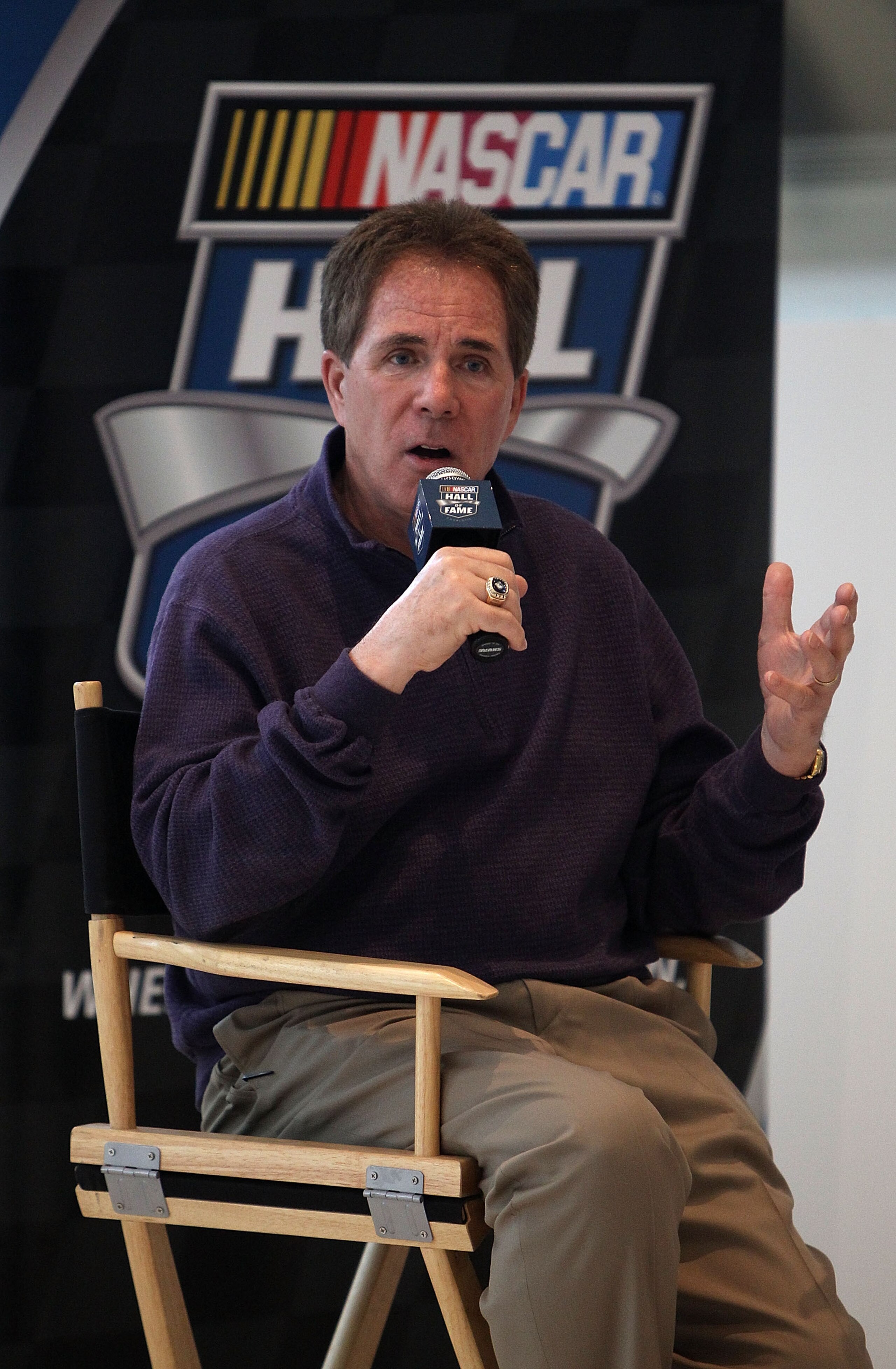 CHARLOTTE, NC - MARCH 22:  Darrell Waltrip speaks to the media about the unveiling of his Championship-winning No. 11 Mountain Dew Buick during the kick off of the final 50 days before the opening of the NASCAR Hall of Fame at the NASCAR Hall of Fame on M