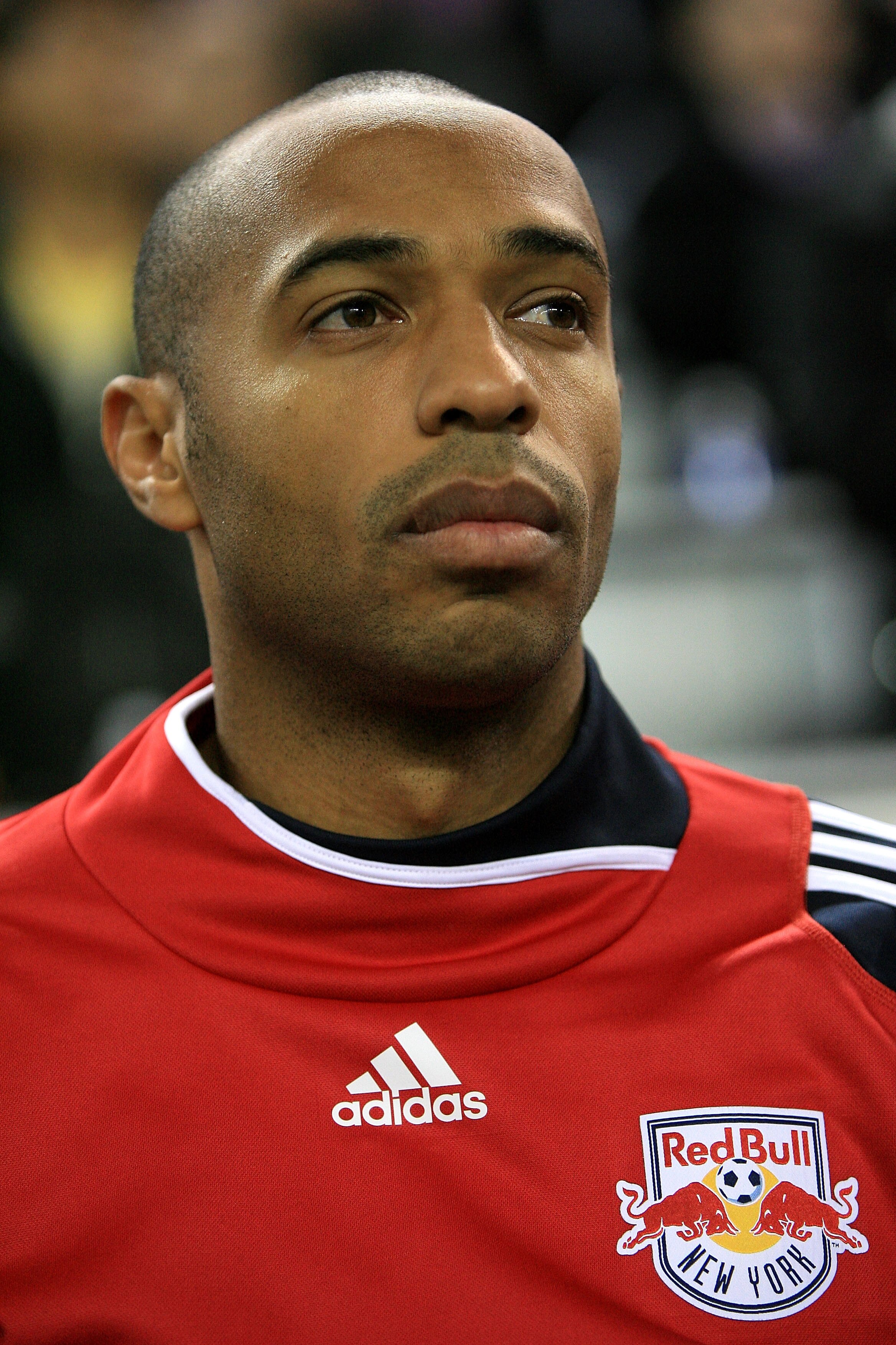 HARRISON, NJ - NOVEMBER 04: Thierry Henry #14 of the New York Red Bulls stands for the national anthem prior to the match against the San Jose Earthquakes during the second leg of the of the MLS playoffs at Red Bull Arena on November 4, 2010 in Harrison,