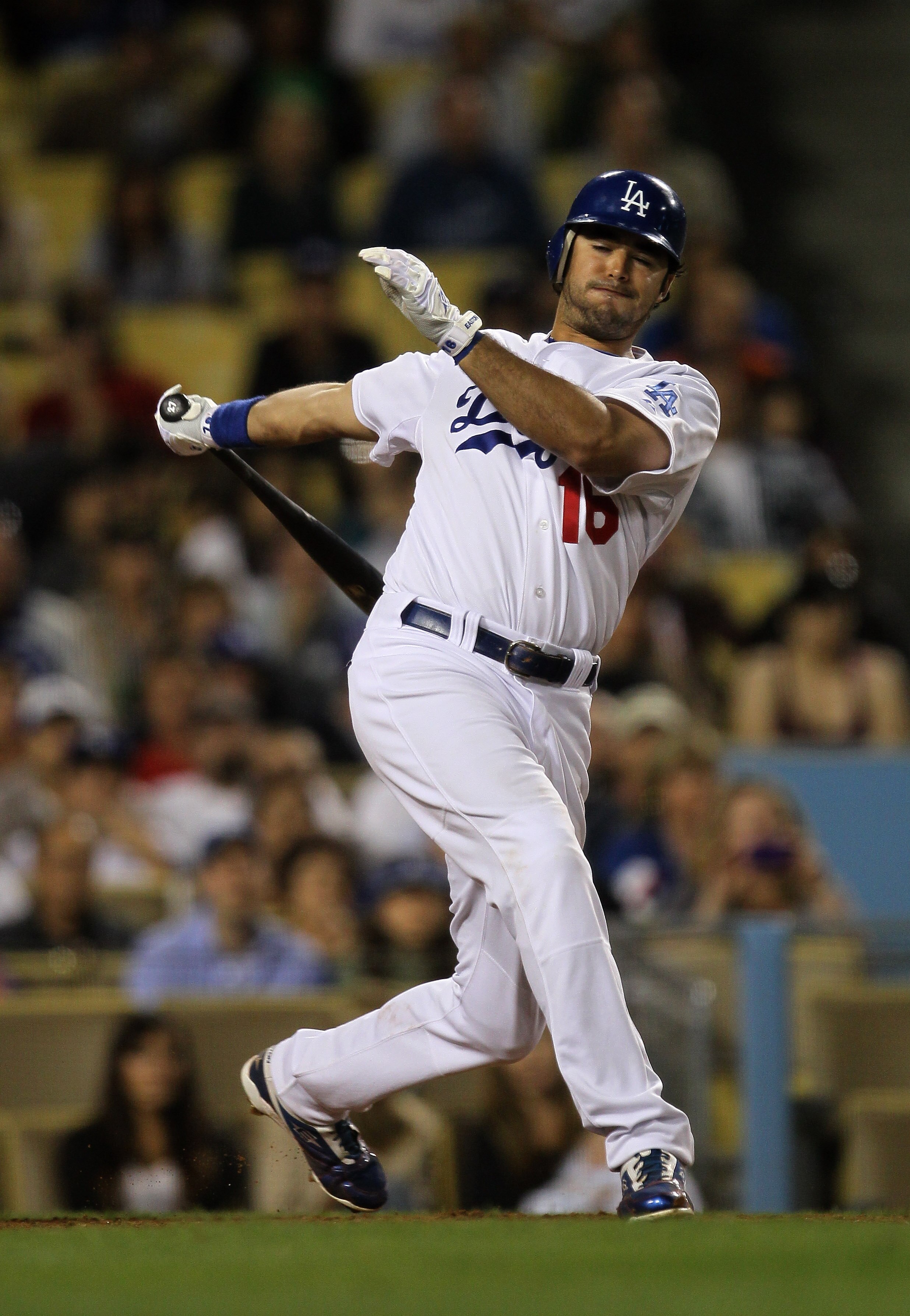 LOS ANGELES, CA - JUNE 03:  Andre Ethier #16 of the Los Angeles Dodgers strikes out out with two runners on base to end the eighth inning in the game with the Atlanta Braves on June 3, 2010 at Dodger Stadium in Los Angeles, California.  The Braves won 4-3