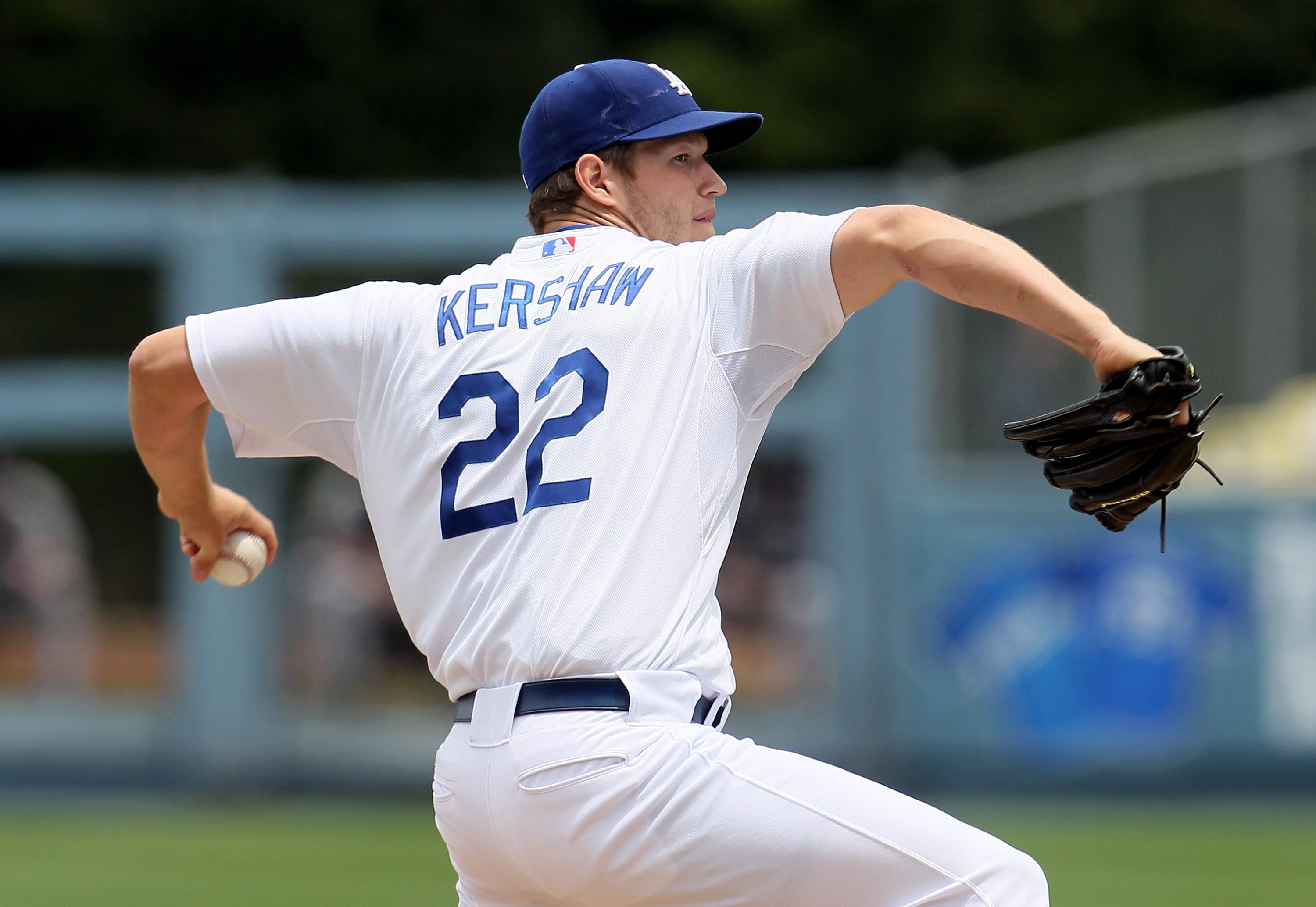 LOS ANGELES, CA - MAY 09:  Clayton Kershaw #22 of the Los Angeles Dodgers pitches against the Colorado Rockies at Dodger Stadium on May 9, 2010 in Los Angeles, California.  (Photo by Jeff Gross/Getty Images)