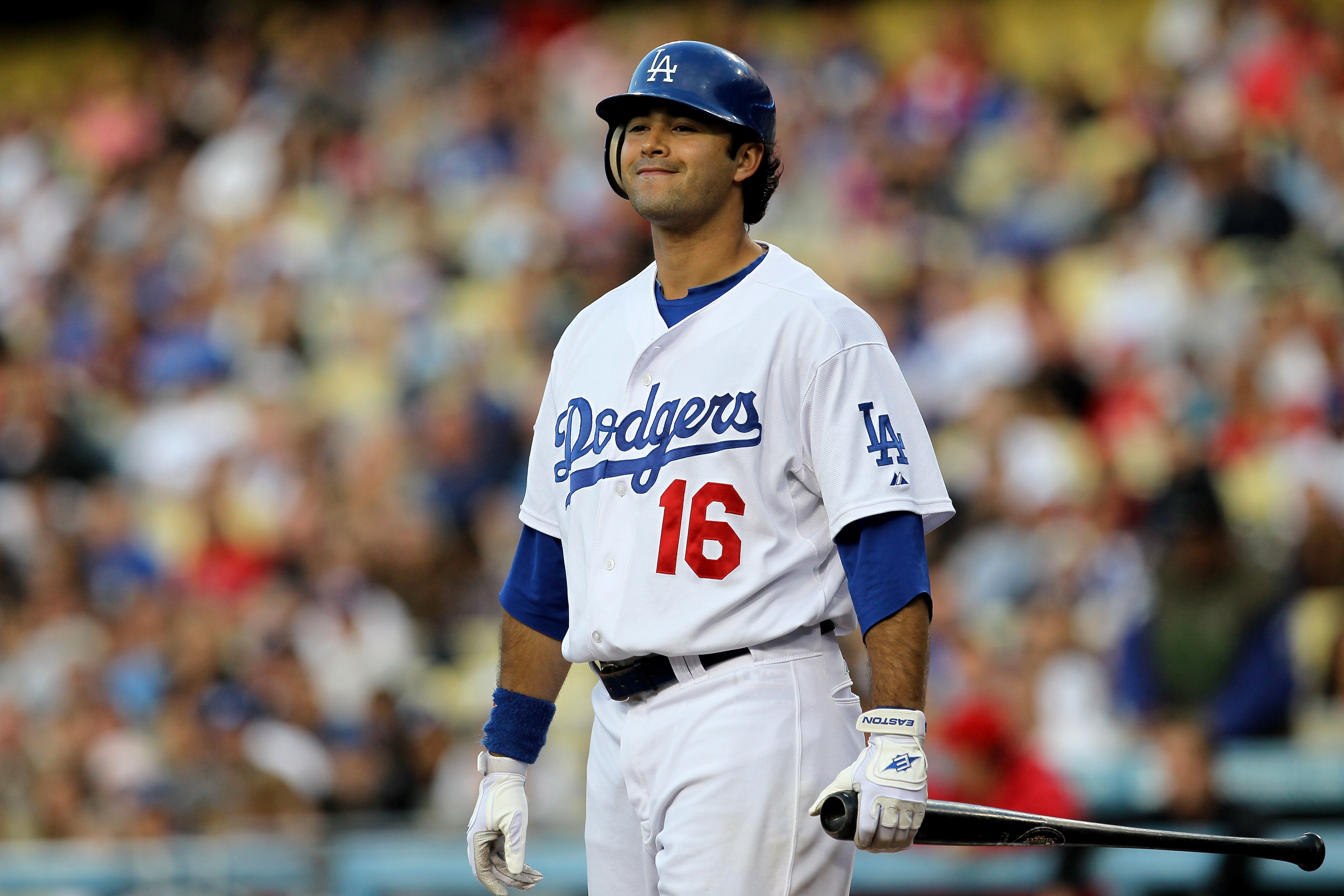 LOS ANGELES - JUNE 12: Andre Ethier #16 of the Los Angeles Dodgers reacts after fouling off a pitch against the Los Angeles Angels of Anaheim on June 12, 2010 at Dodger Stadium in Los Angeles, California.   (Photo by Stephen Dunn/Getty Images)