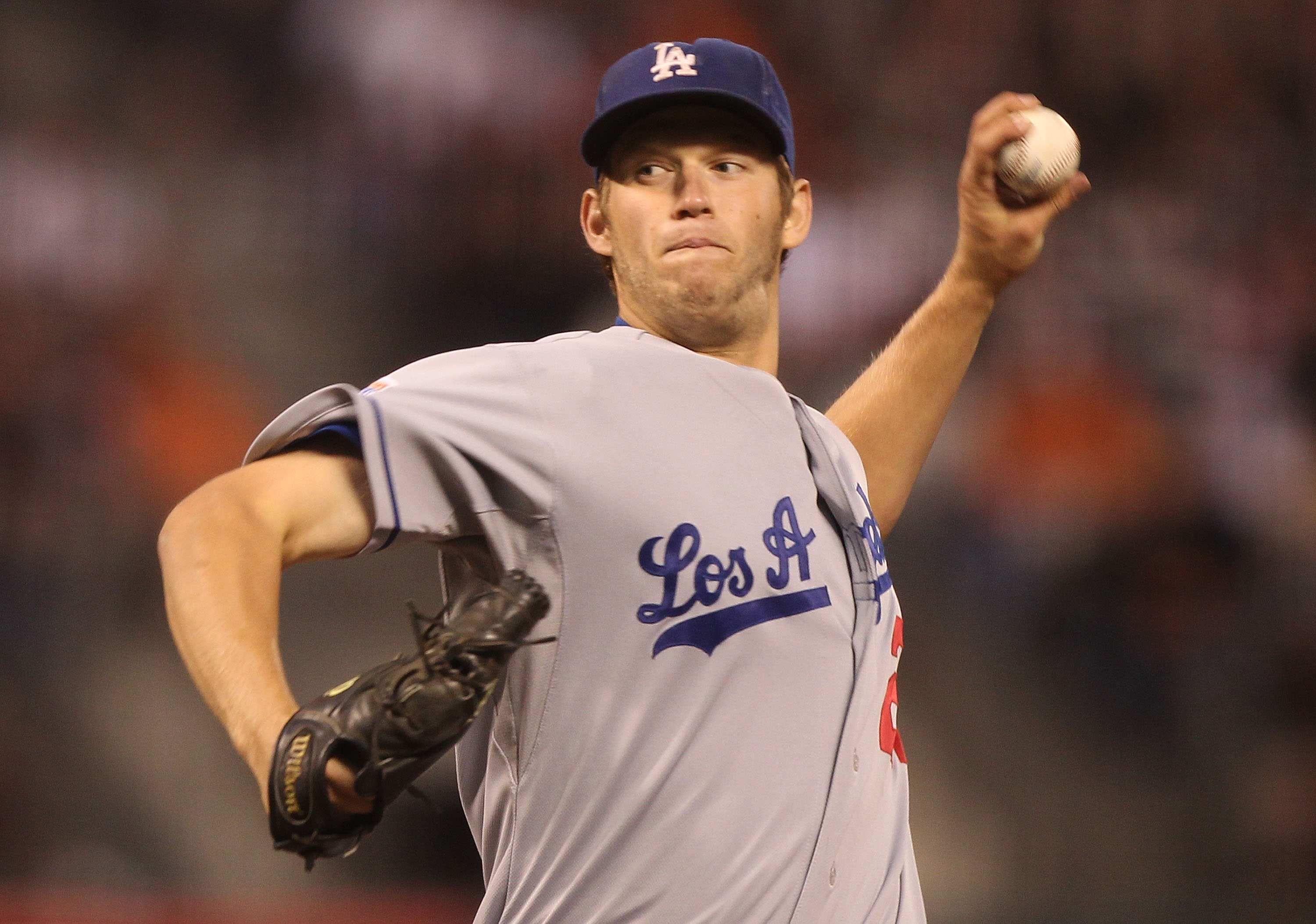 SAN FRANCISCO - SEPTEMBER 14:  Clayton Kershaw #22 of the Los Angeles Dodgers pitches against the San Francisco Giants during a Major League Baseball game at AT&T Park on September 14, 2010 in San Francisco, California.  (Photo by Jed Jacobsohn/Getty Imag