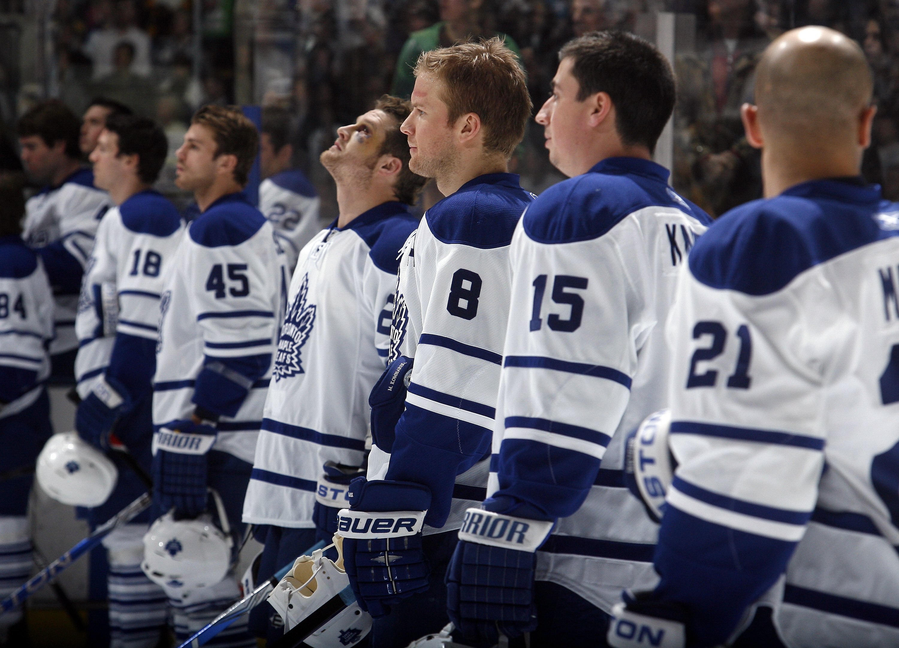 TORONTO - DECEMBER 19: The Toronto Maple Leafs stand on the blueline for the National Anthem before the game against the Boston Bruins on December 19, 2009 at the Air Canada Centre in Toronto, Ontario, Canada. (Photo by Abelimages/Getty Images)