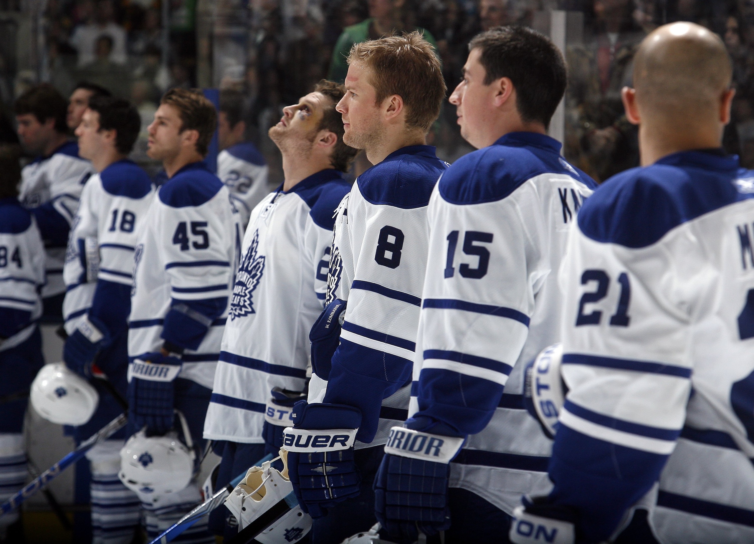 TORONTO - DECEMBER 19: The Toronto Maple Leafs stand on the blueline for the National Anthem before the game against the Boston Bruins on December 19, 2009 at the Air Canada Centre in Toronto, Ontario, Canada. (Photo by Abelimages/Getty Images)