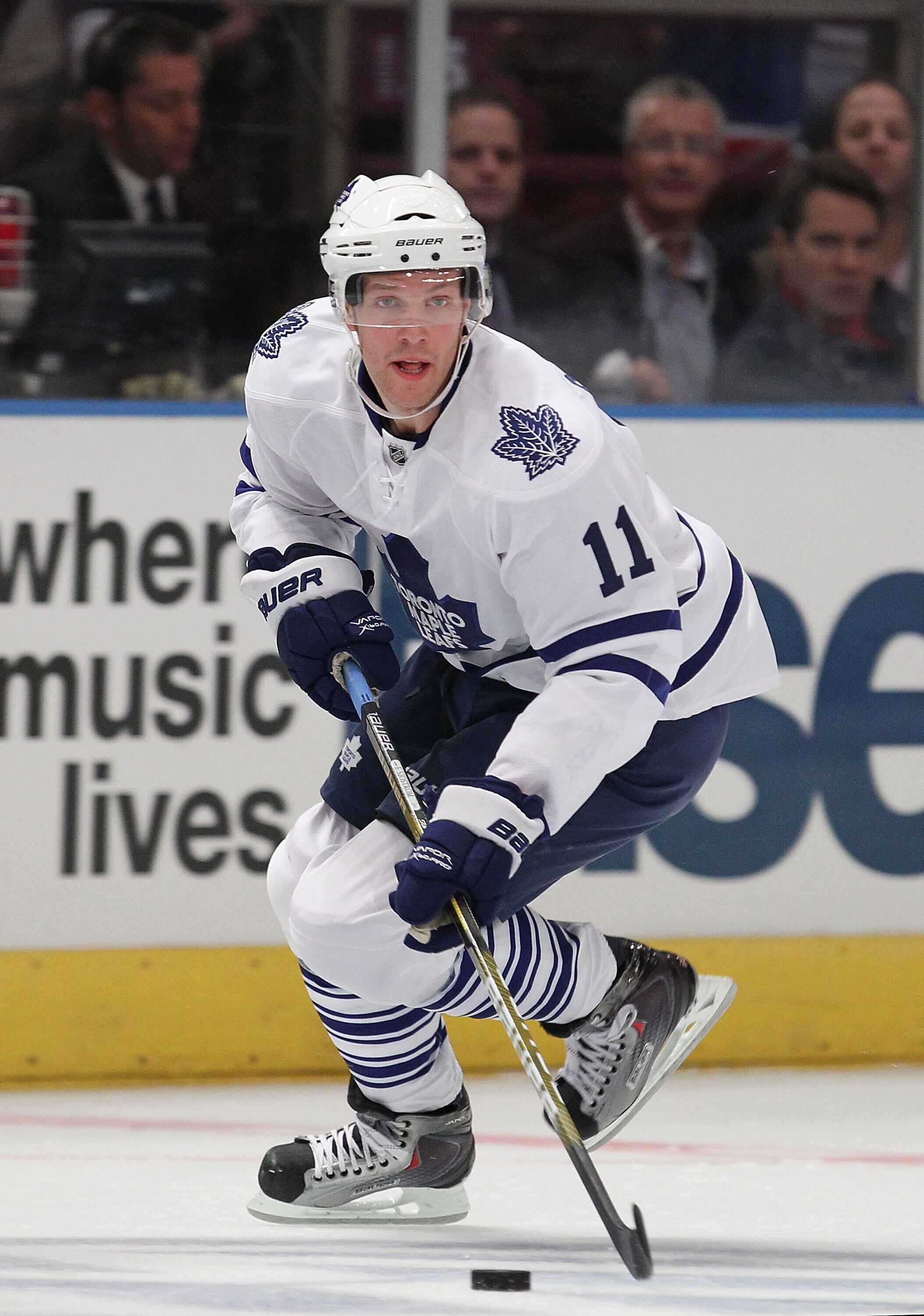 NEW YORK - OCTOBER 15: Fredrik Sjostrom #11 of the Toronto Maple Leafs in action against  the New York Rangers during their game on October 15, 2010 at Madison Square Garden in New York City, New York.  (Photo by Al Bello/Getty Images)