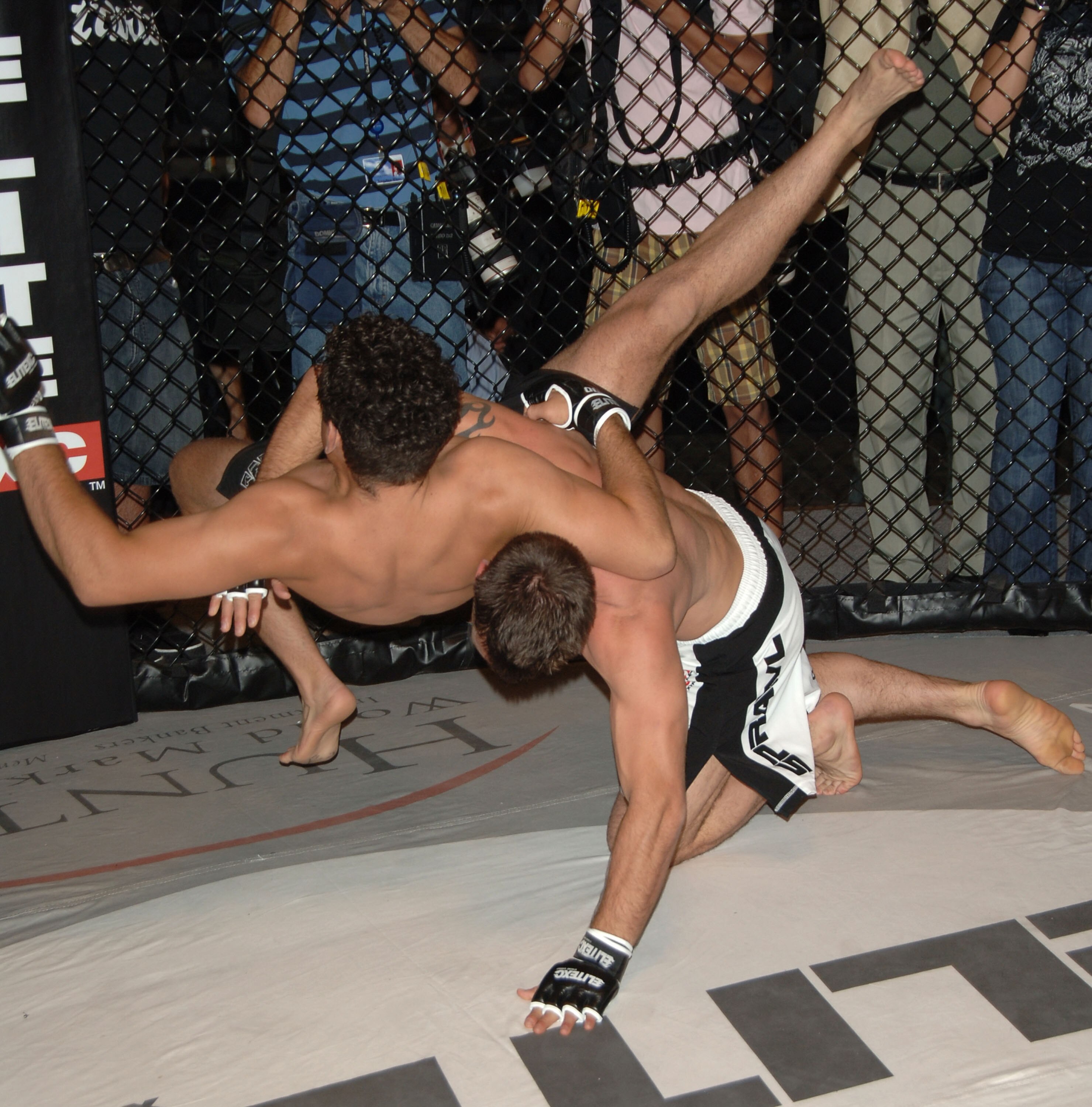 STUDIO CITY, CA - MAY 19:  MMA fighters Jake Shields (R) and Nick Diaz demonstrate MMA fighting techniques at CBS's 'Elite XC Saturday Night Fights' Press Conference at CBS Radford Studios on May 19, 2008 in Studio City, California.  (Photo by Stephen Shu