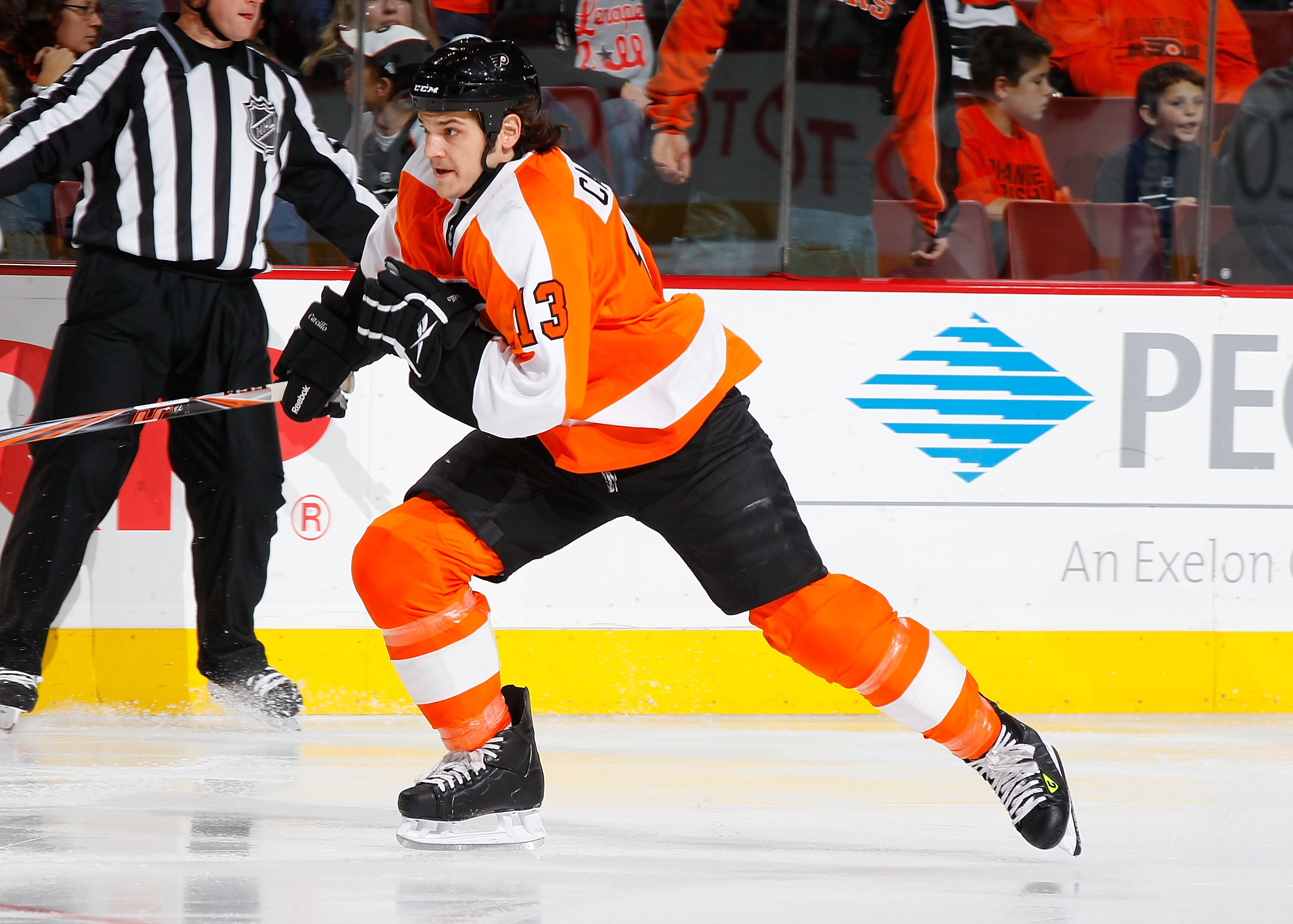 PHILADELPHIA - NOVEMBER 01:  Daniel Carcillo #13 of the Philadelphia Flyers skates against the Carolina Hurricanes on November 1, 2010 at the Wells Fargo Center in Philadelphia, Pennsylvania. Flyers defeat the Hurricanes 3-2.  (Photo by Mike Stobe/Getty I