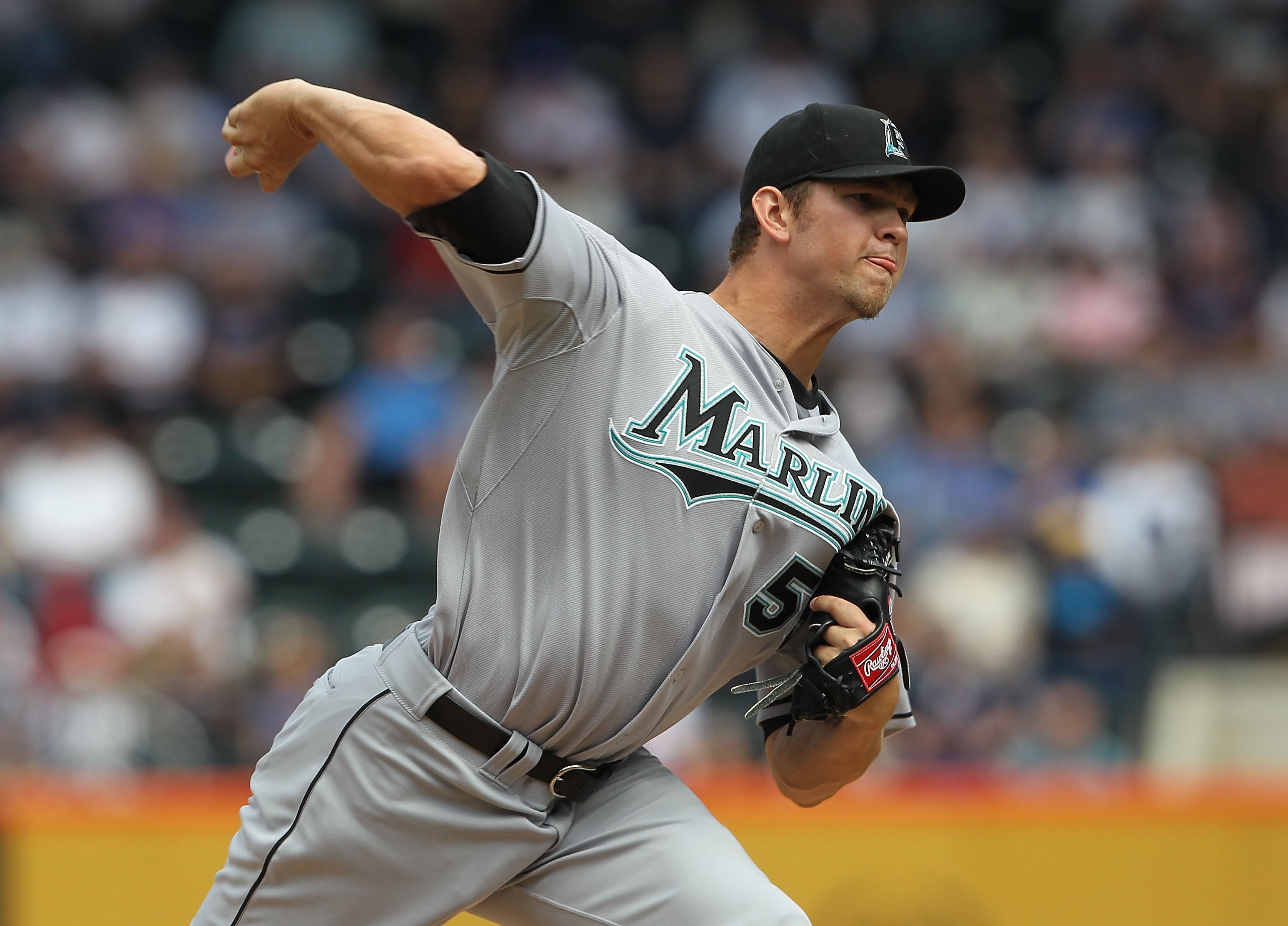 NEW YORK - APRIL 05:  Josh Johnson #55 of the Florida Marlins pitches against the New York Mets during their Opening Day Game at Citi Field on April 5, 2010 in the Flushing neighborhood of the Queens borough of New York City.  (Photo by Nick Laham/Getty I