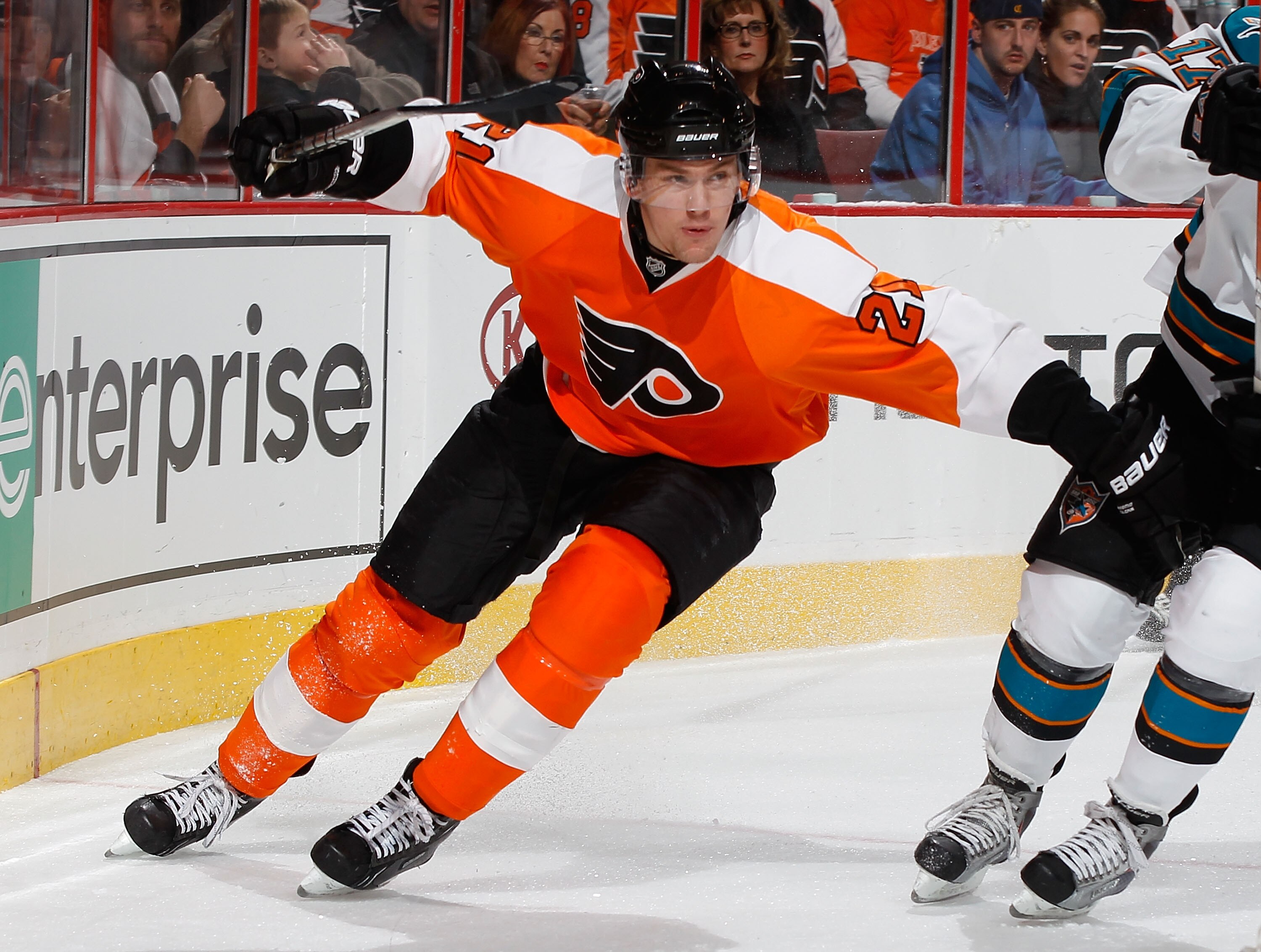PHILADELPHIA - DECEMBER 08:  James van Riemsdyk #21 of the Philadelphia Flyers skates against San Jose Sharks on December 8, 2010 at the Wells Fargo Center in Philadelphia, Pennsylvania. Sharks defeat the Flyers 5-4 in a shootout.  (Photo by Mike Stobe/Ge