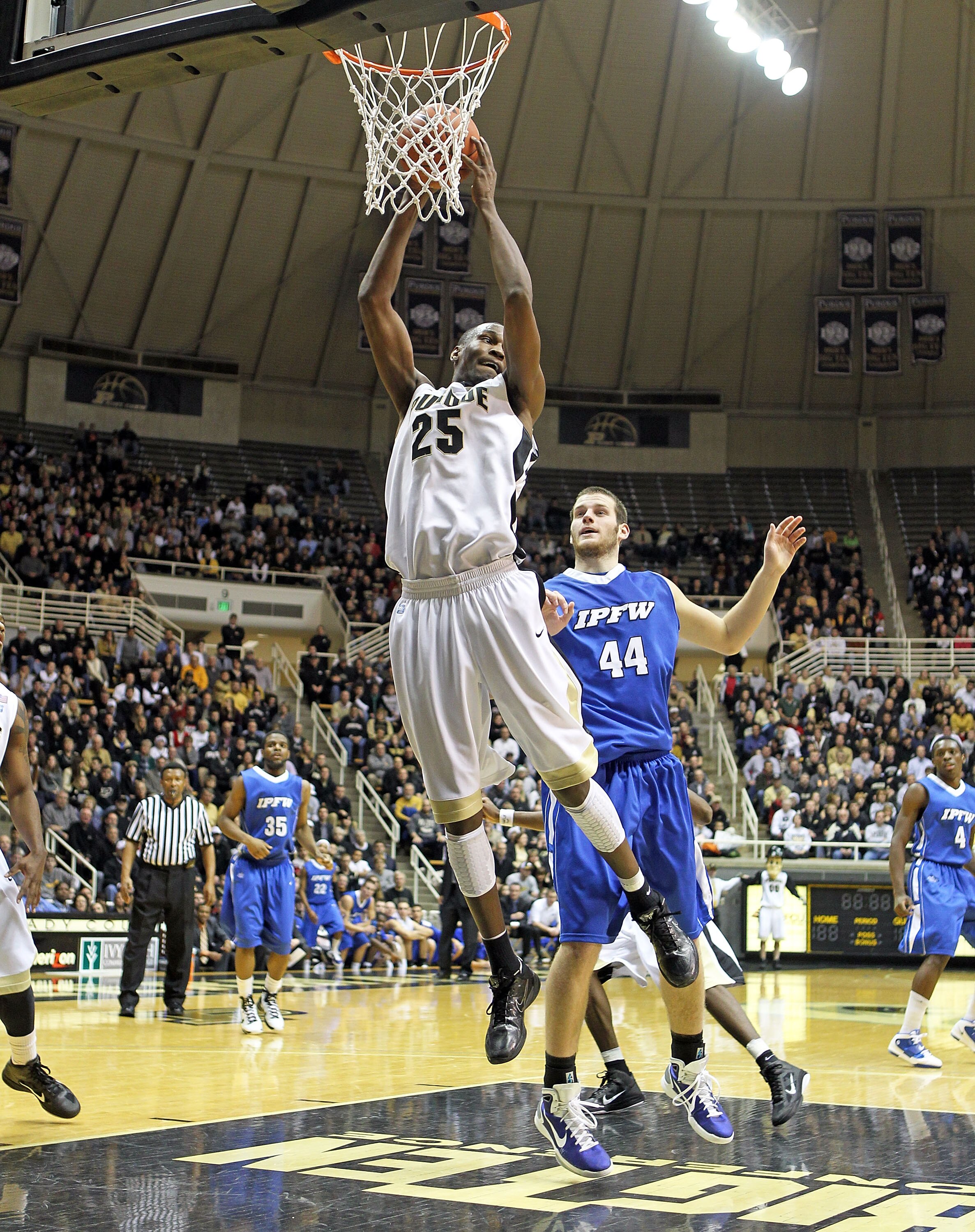 WEST LAFAYETTE, IN - DECEMBER 21:  JaJuan Johnson #25 of the Purdue Boilermakers grabs a rebound during the game against the IPFW Mastodons at Mackey Arena on December 21, 2010 in West Lafayette, Indiana.  (Photo by Andy Lyons/Getty Images)
