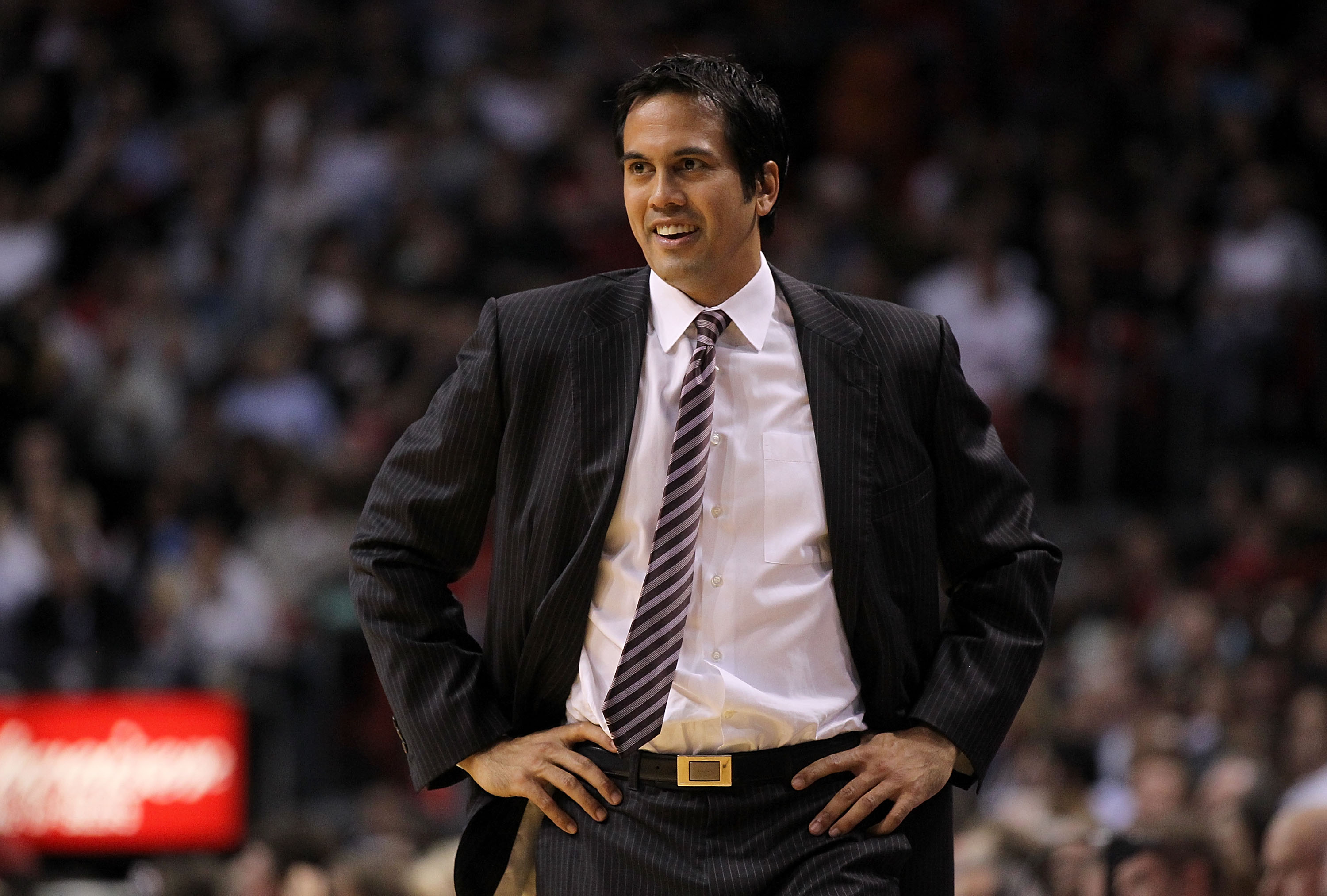 MIAMI, FL - DECEMBER 20: Miami Heat head coach Erik Spoelstra looks on during a game against the Dallas Mavericks at American Airlines Arena on December 20, 2010 in Miami, Florida. NOTE TO USER: User expressly acknowledges and agrees that, by downloading