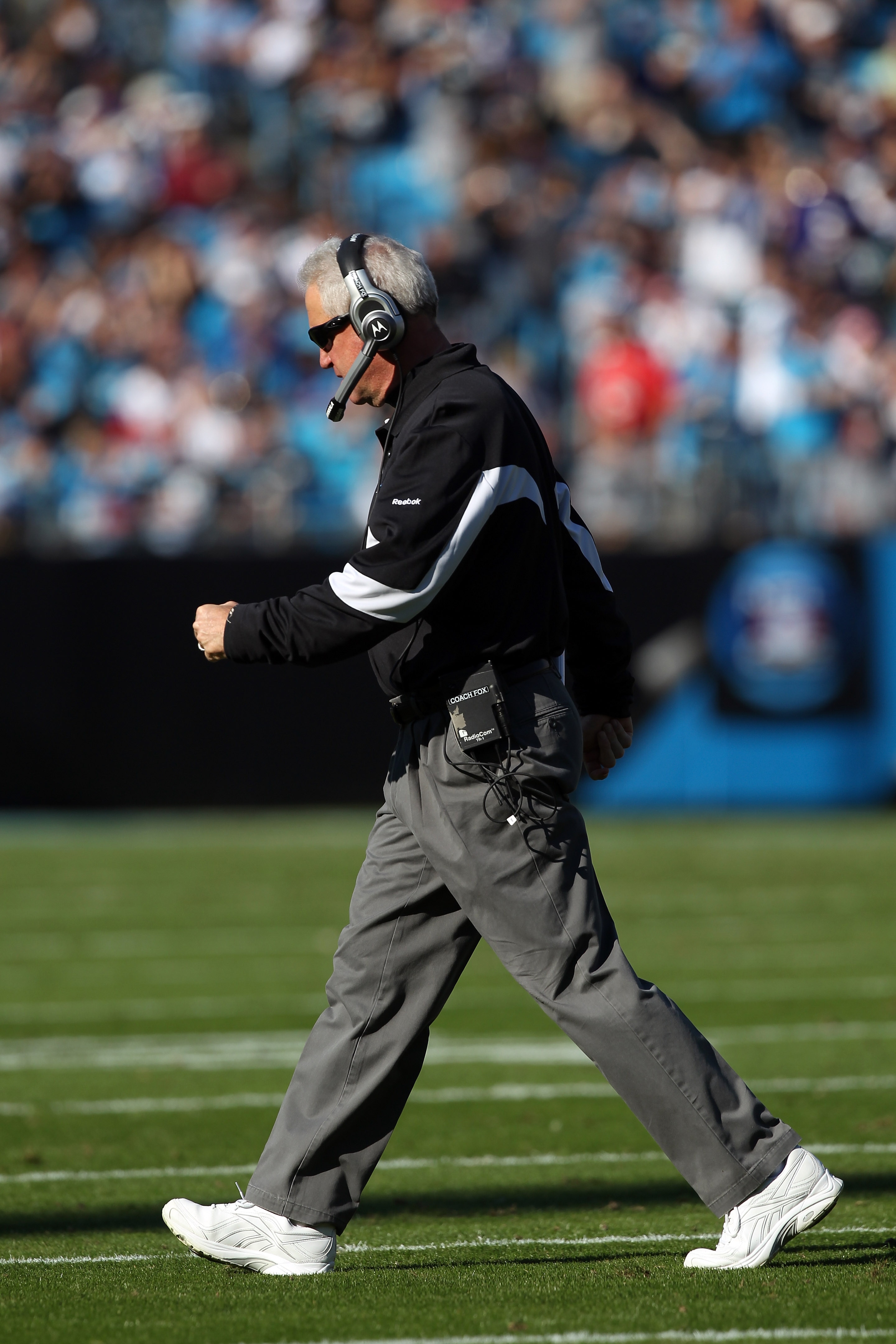 CHARLOTTE, NC - NOVEMBER 21:  Head coach John Fox of the Carolina Panthers walks off the field against the Baltimore Ravens at Bank of America Stadium on November 21, 2010 in Charlotte, North Carolina.  (Photo by Streeter Lecka/Getty Images)
