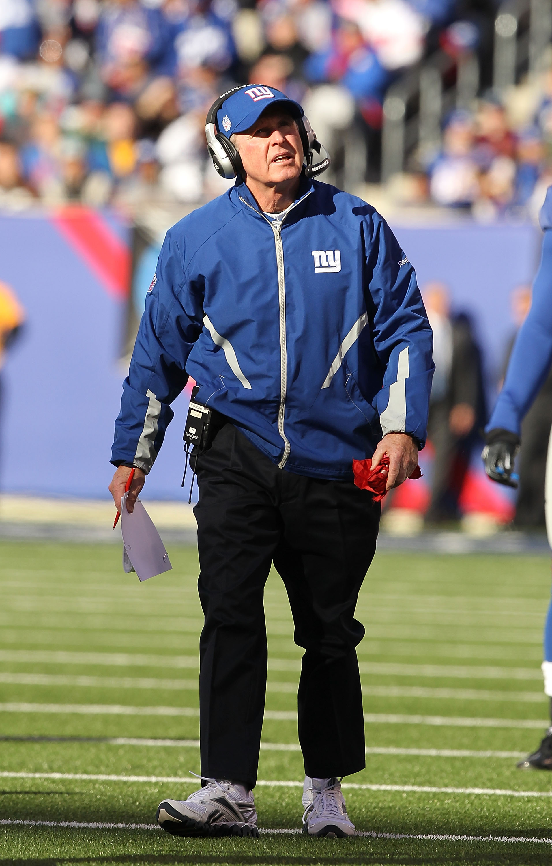 EAST RUTHERFORD, NJ - NOVEMBER 28:  New York Giants Head Coach Tom Coughlin looks on against the Jacksonville Jaguars on November 28, 2010 at The New Meadowlands Stadium in East Rutherford, New Jersey.  (Photo by Al Bello/Getty Images)