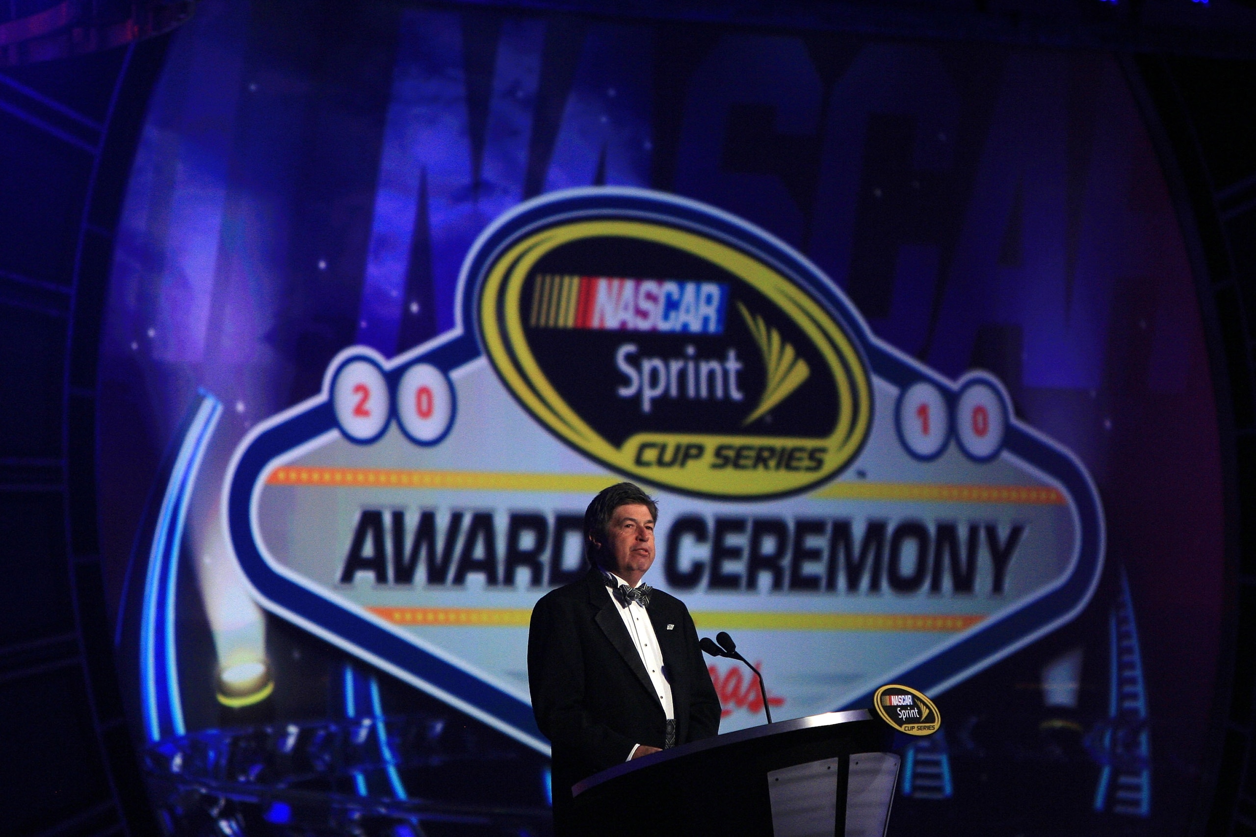 LAS VEGAS, NV - DECEMBER 03:  TV personality Mike Joy speaks during the NASCAR Sprint Cup Series awards banquet at the Wynn Las Vegas Hotel on December 3, 2010 in Las Vegas, Nevada.  (Photo by Chris Trotman/Getty Images)