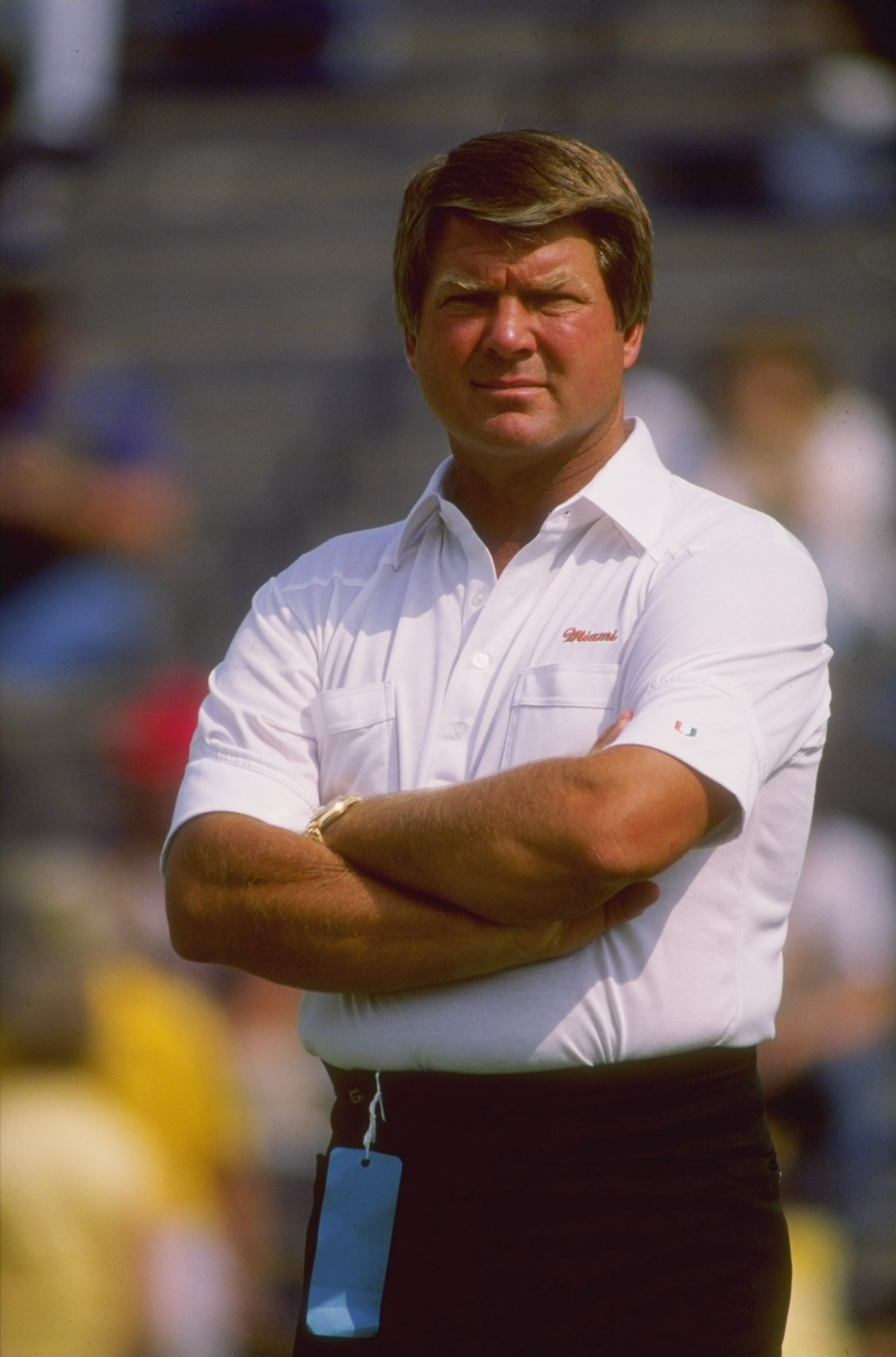 Miami Hurricanes head coach Jimmy Johnson looks on during a game against the Notre Dame Fighting Irish at Notre Dame Stadium in South Bend, Illinois. Miami Hurricanes head coach Jimmy Johnson looks on during a game against the Notre Dame Fighting Irish at Notre Dame Stadium in South Bend, Illinois.