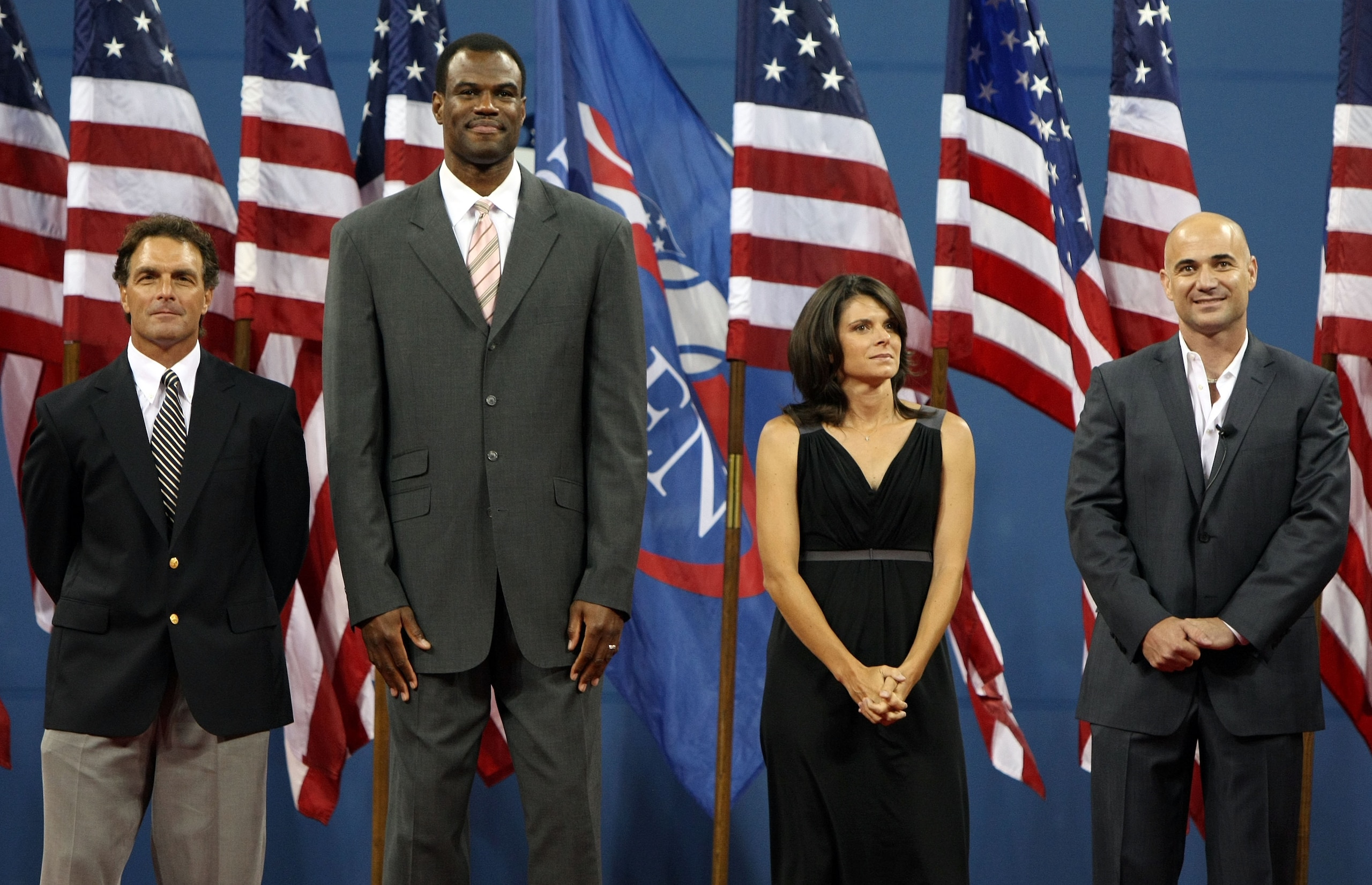 NEW YORK - AUGUST 31: (L-R) Doug Flutie, David Robinson, Mia Hamm and Andre Agassi are honored during the Opening Ceremony of the 2009 U.S. Open at the USTA Billie Jean King National Tennis Center on August 31, 2009 in Flushing neighborhood of the Queens NEW YORK - AUGUST 31: (L-R) Doug Flutie, David Robinson, Mia Hamm and Andre Agassi are honored during the Opening Ceremony of the 2009 U.S. Open at the USTA Billie Jean King National Tennis Center on August 31, 2009 in Flushing neighborhood of the Queens