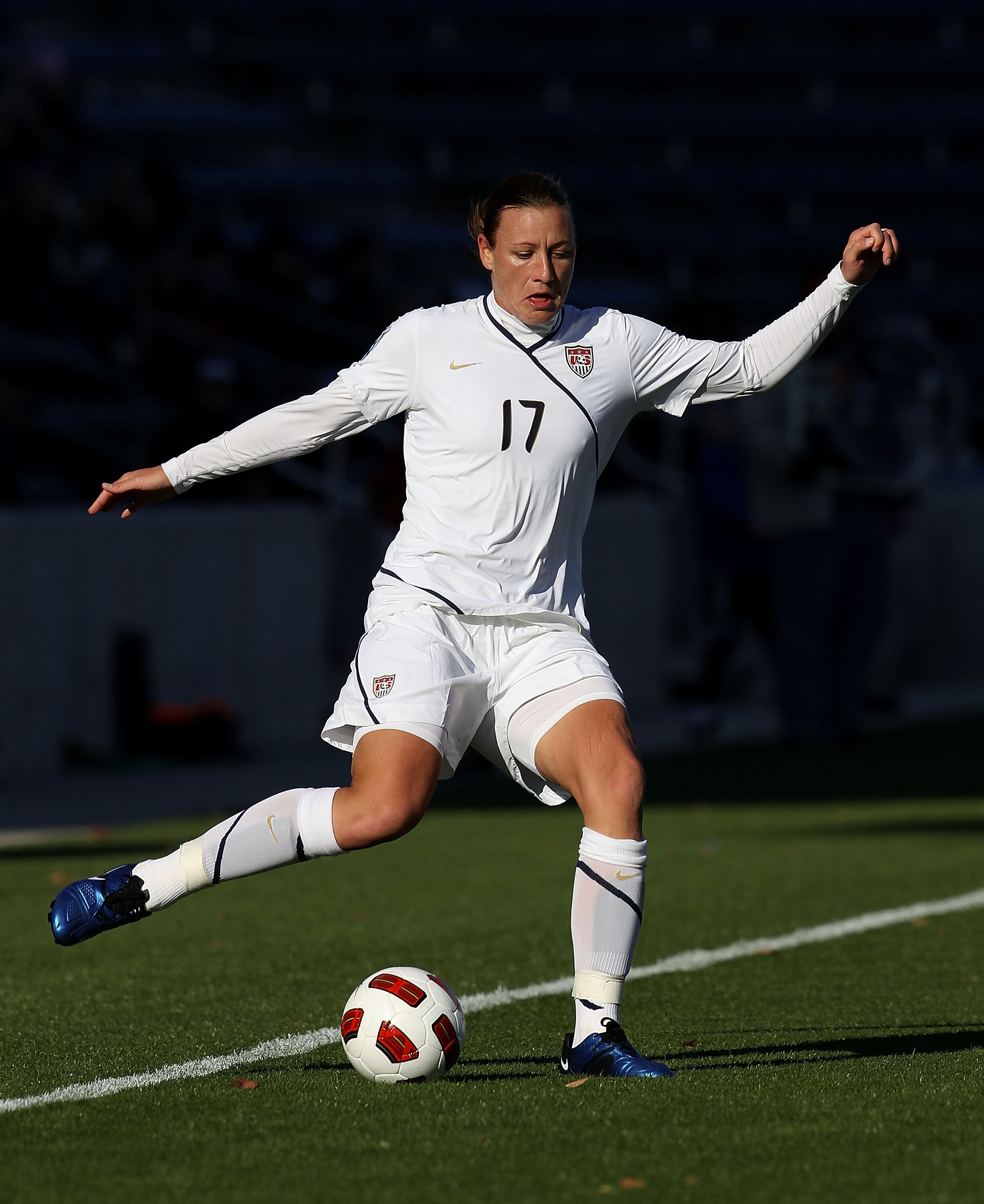 BRIDGEVIEW, IL - NOVEMBER 27: Abby Wambach #17 of the United States passes the ball against Italy during a Women's World Cup Qualifying match at Toyota Park on November 27, 2010 in Bridgeview, Illinois. The United States defeated Italy 1-0 to win the seri