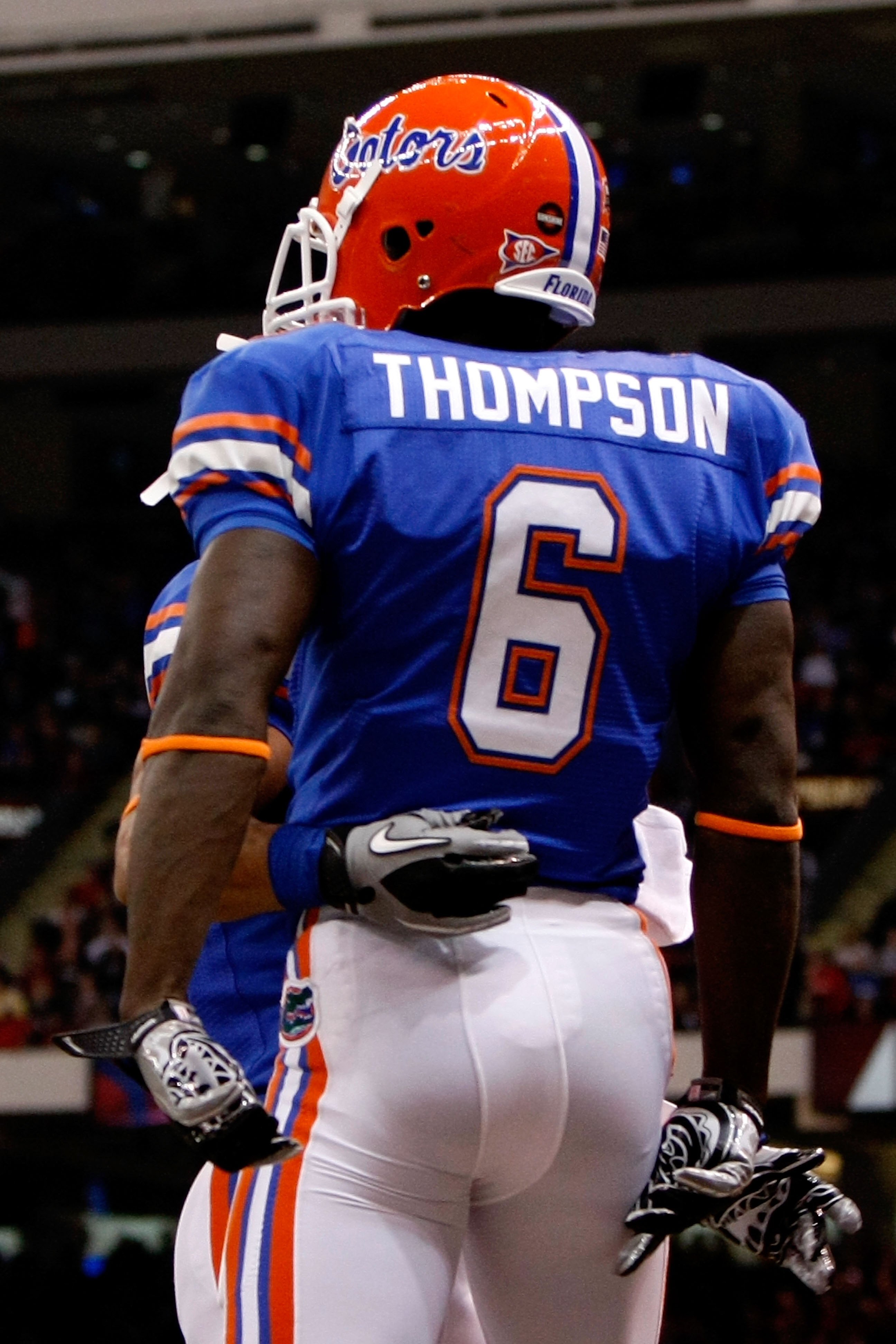 NEW ORLEANS - JANUARY 01:  Deonte Thompson #6 of the Florida Gators celebrates with his teammate Emmanuel Moody #21 after scoring a touchdown against the Cincinnati Bearcats during the Allstate Sugar Bowl at the Louisana Superdome on January 1, 2010 in Ne