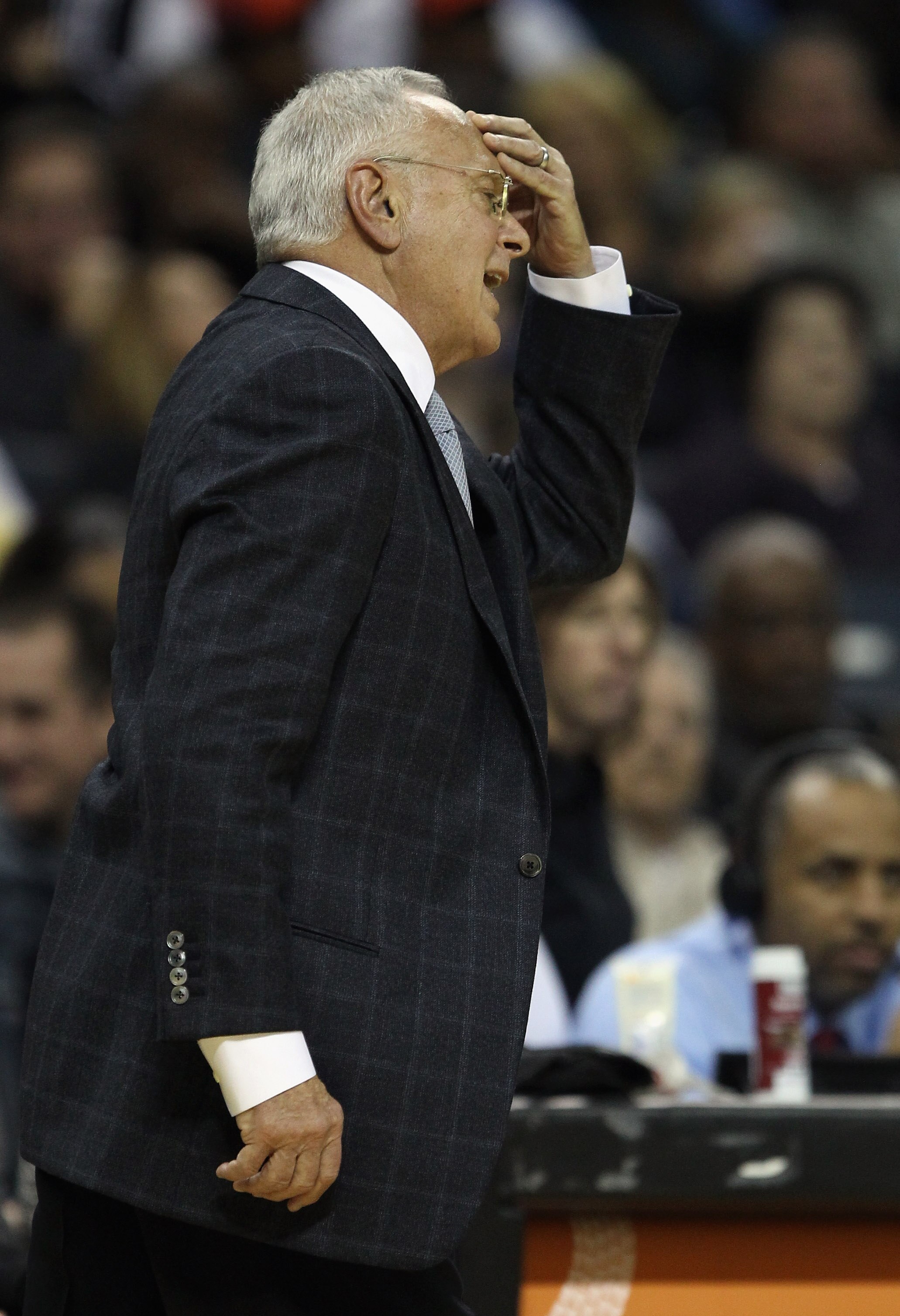CHARLOTTE, NC - DECEMBER 11:  Head coach Larry Brown of the Charlotte Bobcats reacts against the Boston Celtics during their game at Time Warner Cable Arena on December 11, 2010 in Charlotte, North Carolina. NOTE TO USER: User expressly acknowledges and a