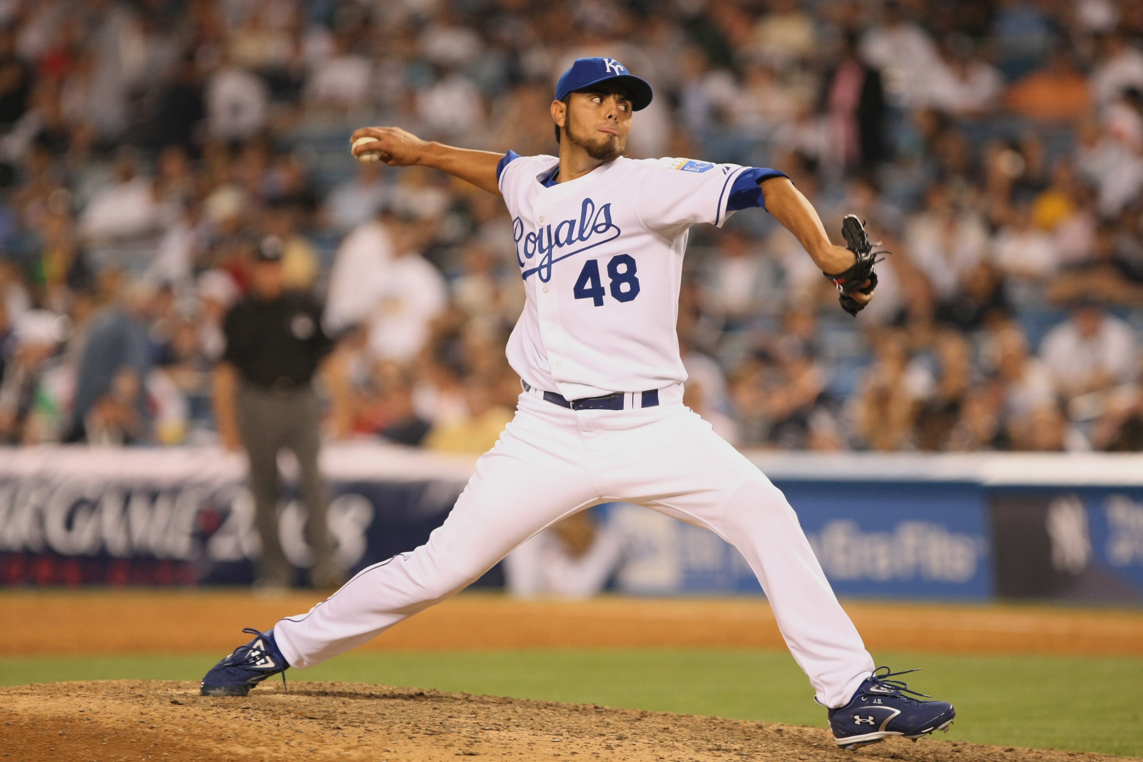 NEW YORK - JULY 15:  Pitcher Joakim Soria #48 of the American League All-Stars throws against the National League All-Stars during the 79th MLB All-Star Game at Yankee Stadium on July 15, 2008 in New York, New York. (Photo by Nick Laham/Getty Images)