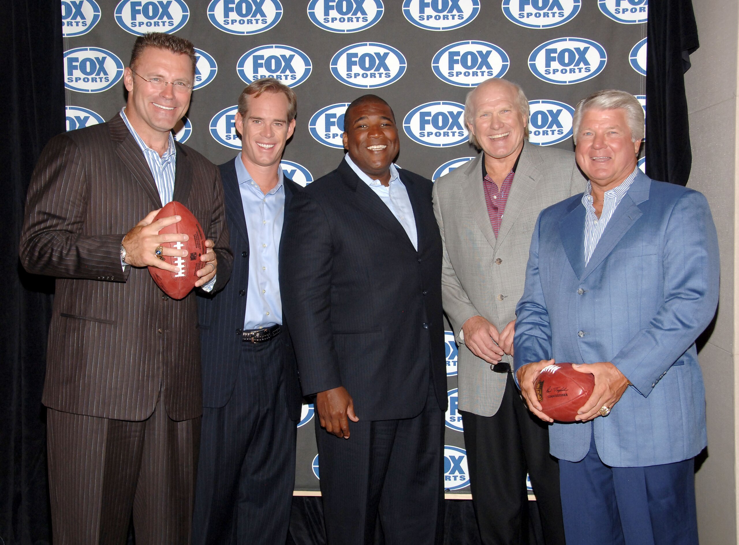 Fox Sports announcers from left: Howie Long, Joe Buck, Curt Menefee, Terry Bradshaw and Jimmy Johnson during a press conference to announce the new Fox football broadcasting team for Fox Sports at the News Corp. Building in New York City, New York on Mond