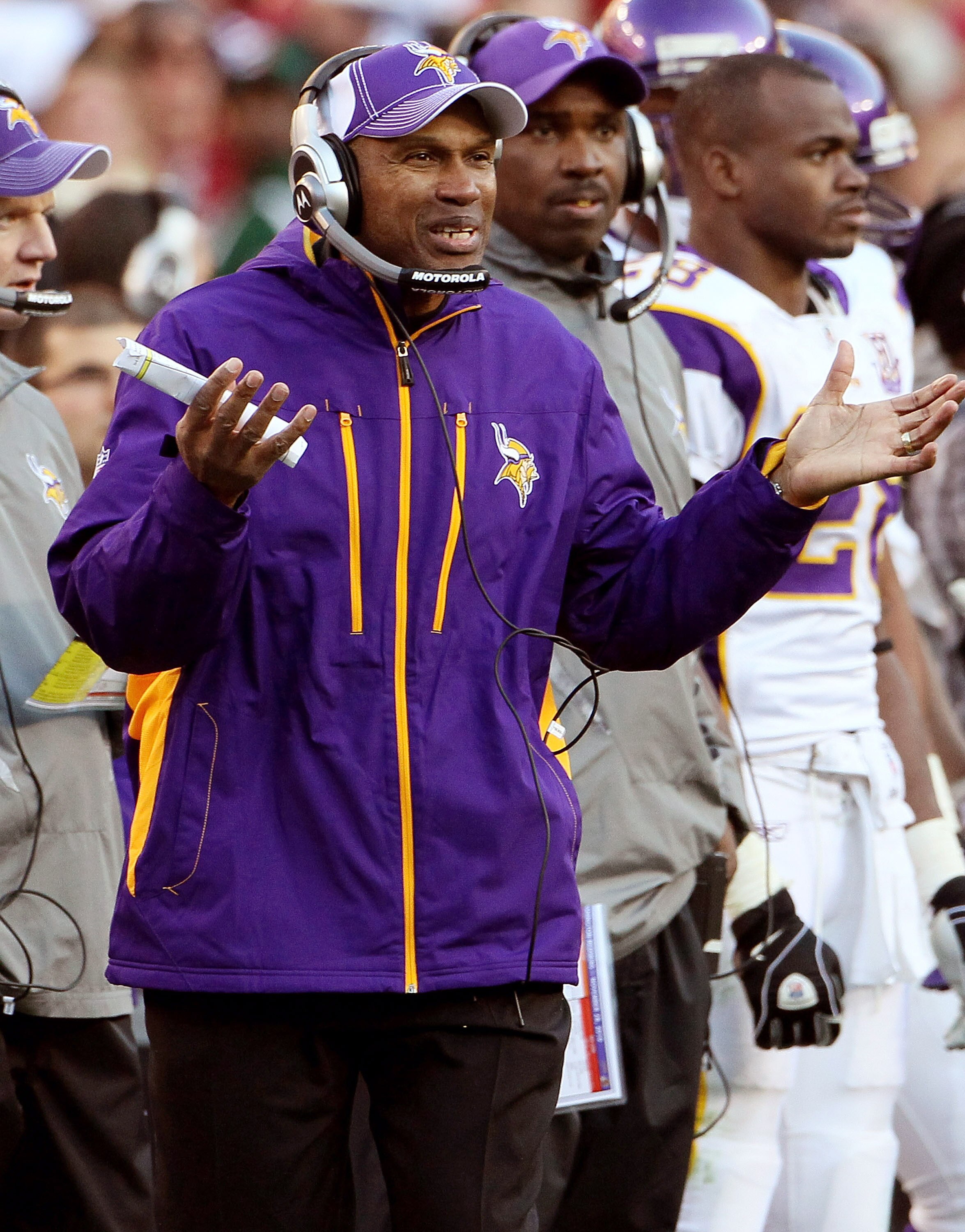 LANDOVER, MD - NOVEMBER 28:  Minnesota Vikings Interim Head Coach Leslie Frazier talks to referees from the sideline while playing the Washington Redskins at FedExField November 28, 2010 in Landover, Maryland. The Vikings won the game 17-13.  (Photo by Wi