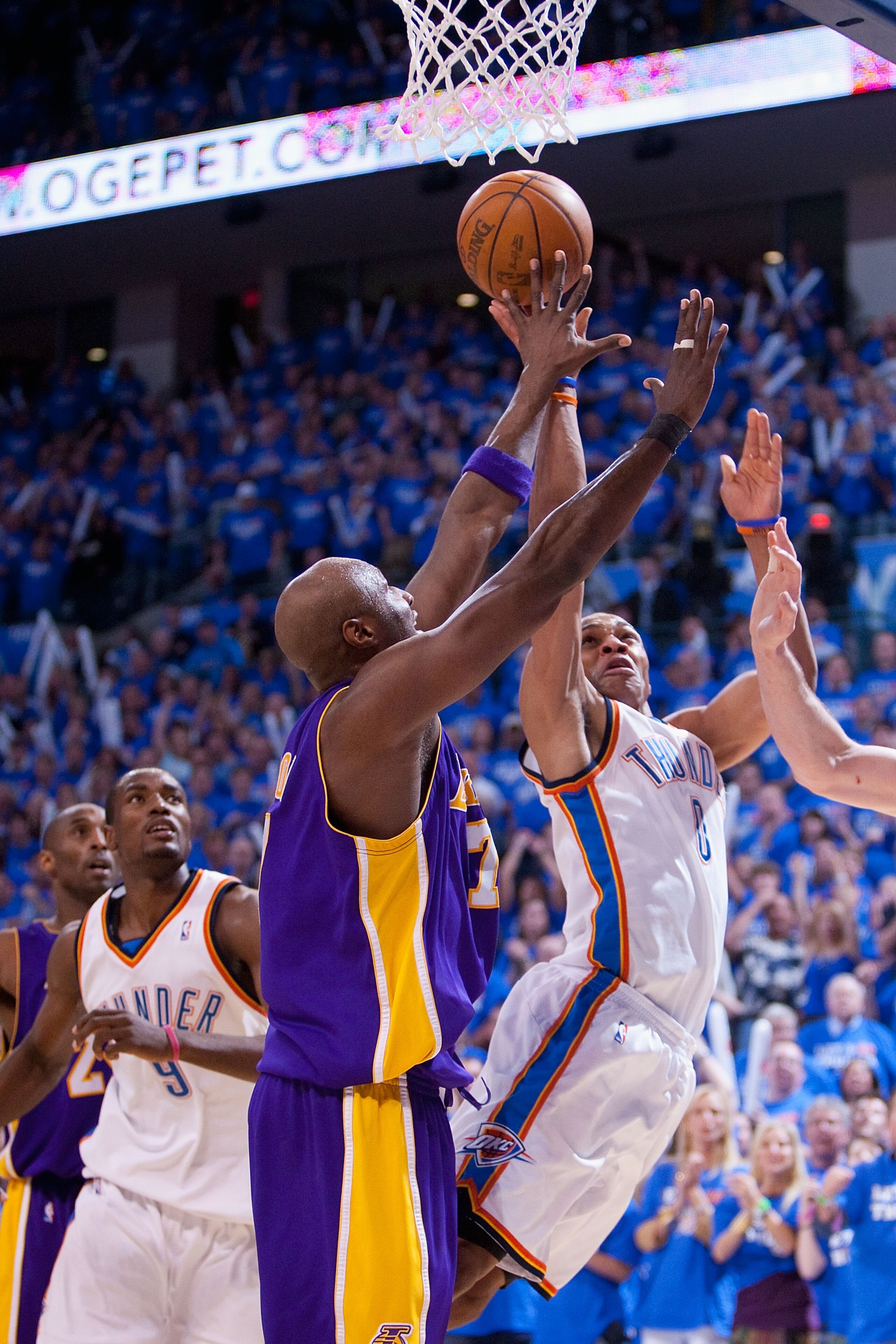OKLAHOMA CITY - APRIL 30: Russell Westbrook #0 of the Oklahoma City Thunder drives to the basket  against the Los Angeles Lakers during Game Six of the Western Conference Quarterfinals of the 2010 NBA Playoffs on April 30, 2010 at the Ford Center in Oklah