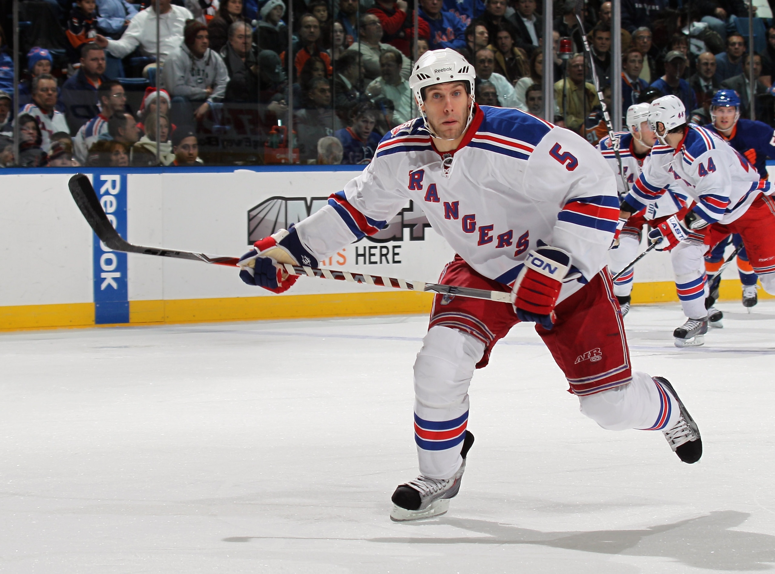 UNIONDALE, NY - DECEMBER 02:  Dan Girardi #5 of the New York Rangers skates against the New York Islanders at the Nassau Coliseum on December 2, 2010 in Uniondale, New York.  (Photo by Bruce Bennett/Getty Images)