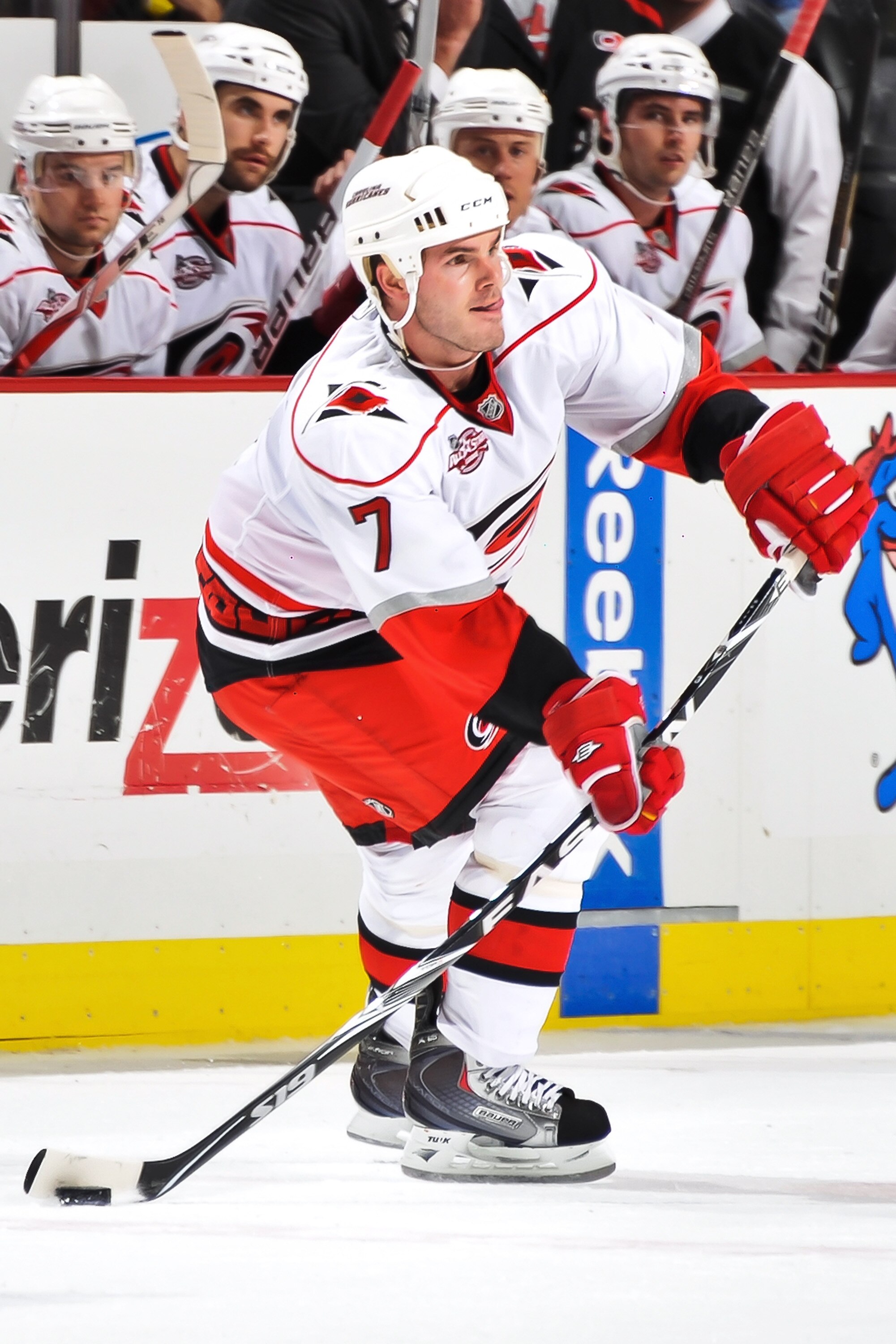 PITTSBURGH - NOVEMBER 19:  Ian White #7 of the Carolina Hurricanes skates with the puck against the Pittsburgh Penguins on November 19, 2010 at Consol Energy Center in Pittsburgh, Pennsylvania.  (Photo by Jamie Sabau/Getty Images)