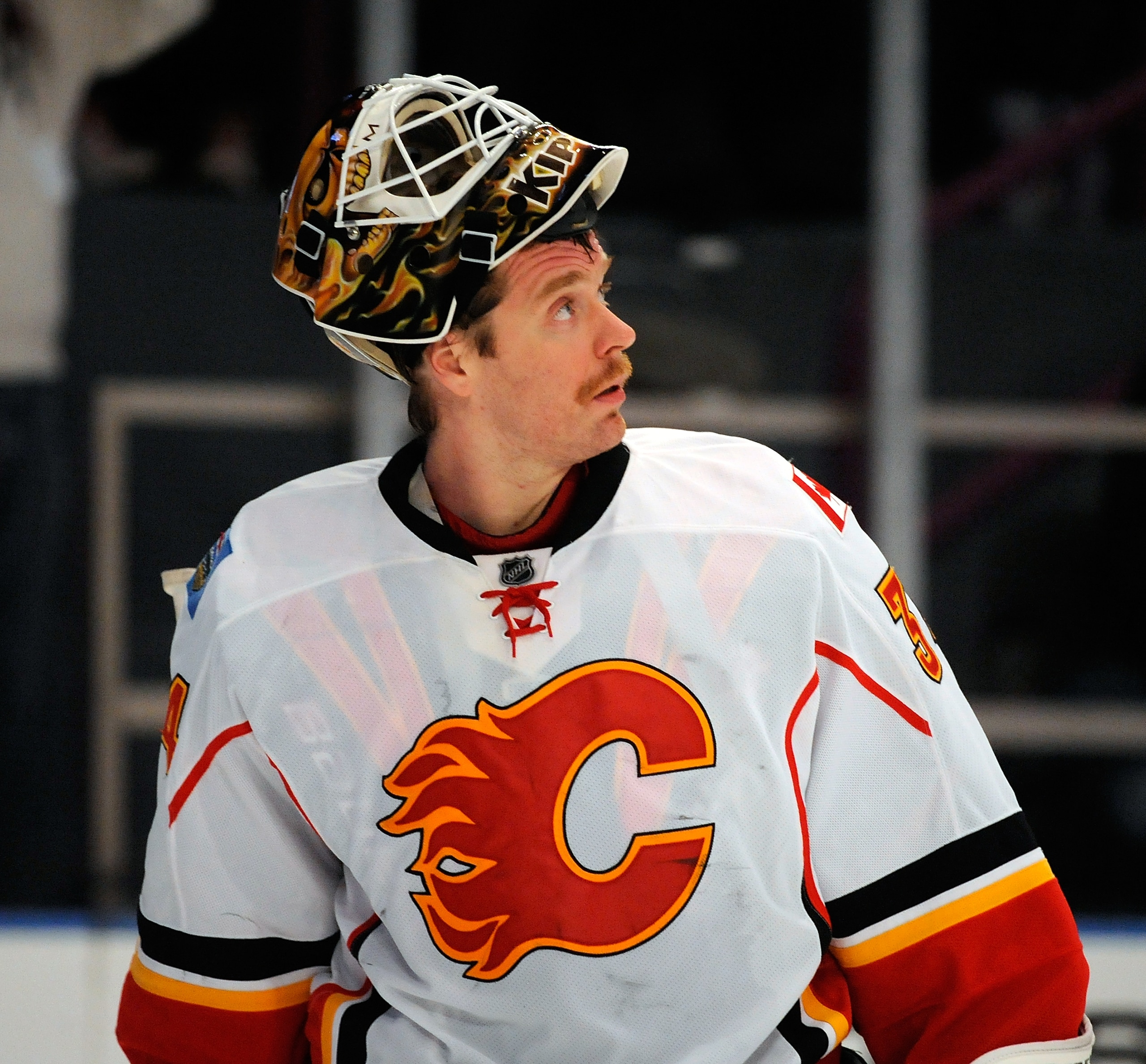NEW YORK - NOVEMBER 22:  Mikka Kiprusoff  #34 of the Calgary Flames  during a game against the New York Rangers on November 22, 2010 at Madison Square Garden in New York City.  (Photo by Lou Capozzola/Getty Images)