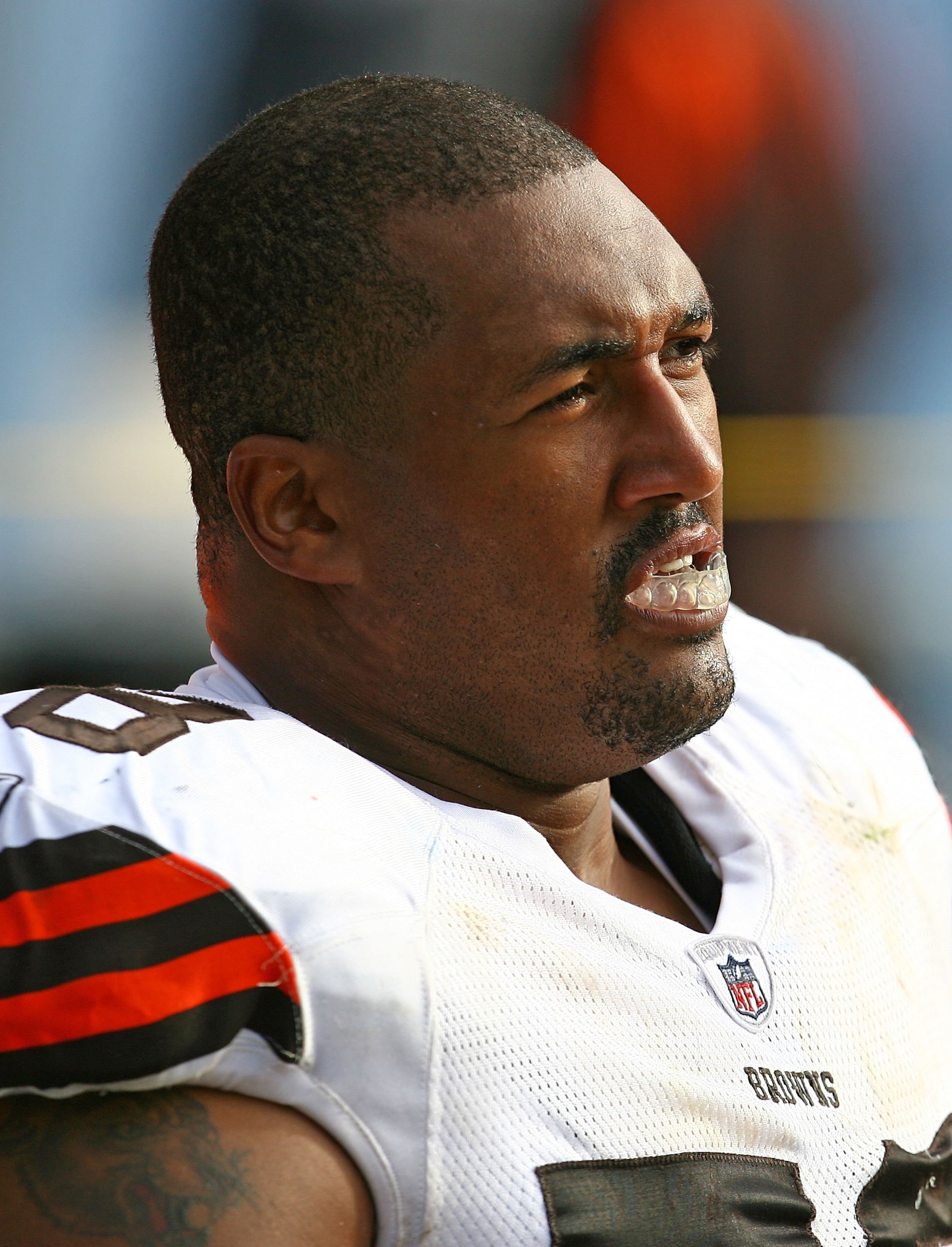 CHICAGO - NOVEMBER 01: John St. Clair #78 of the Cleveland Browns sits on the bench during a game against the Chicago Bears at Soldier Field on November 1, 2009 in Chicago, Illinois. The Bears defeated the Browns 30-6. (Photo by Jonathan Daniel/Getty Imag