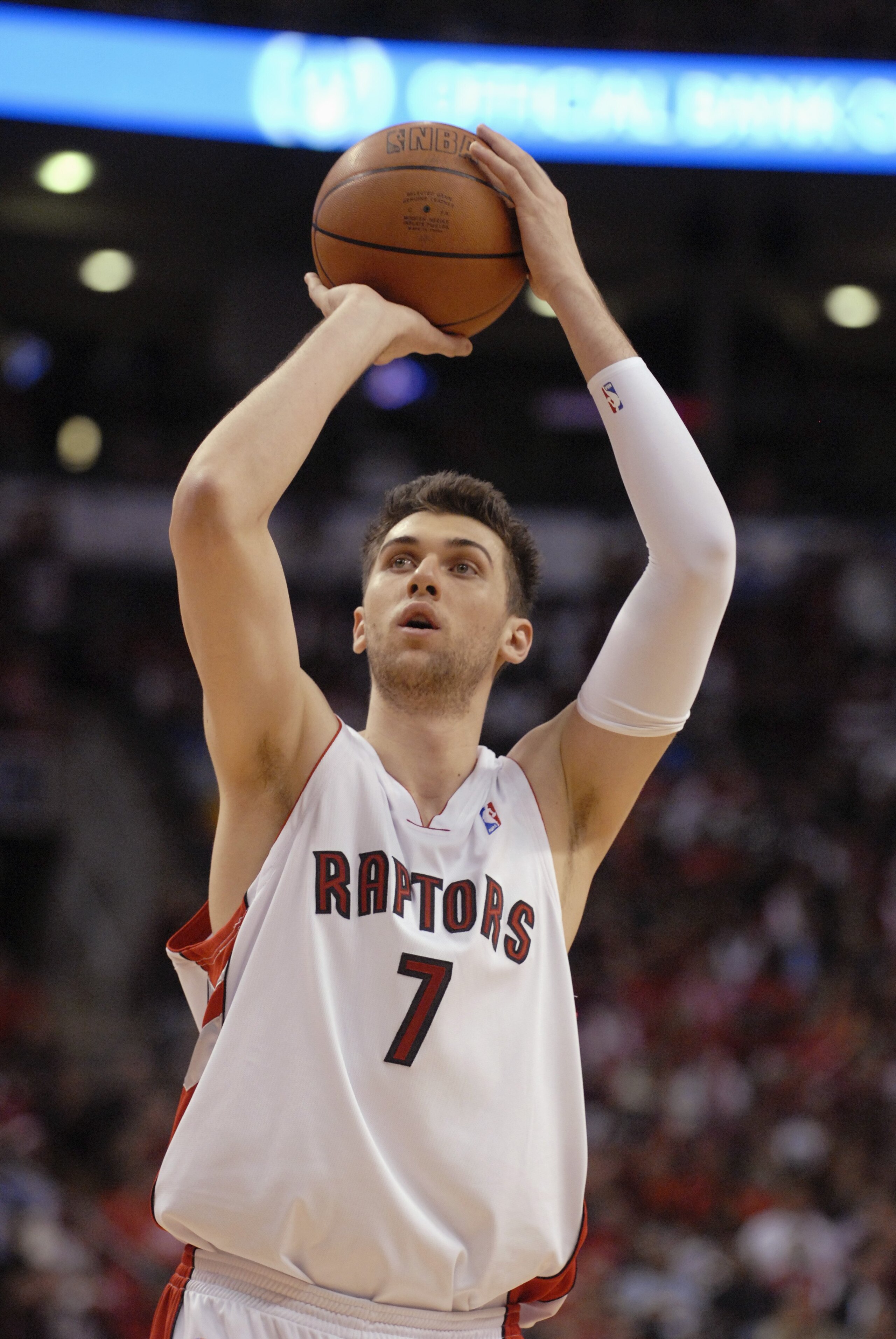 TORONTO- APRIL 24:  Andrea Bargnani #7 of the Toronto Raptors shoots a free throw in Game Two of the Eastern Conference Quarterfinals against the New Jersey Nets during the 2007 NBA Playoffs at Air Canada Centre on April 24, 2007 in Toronto, Canada.  The