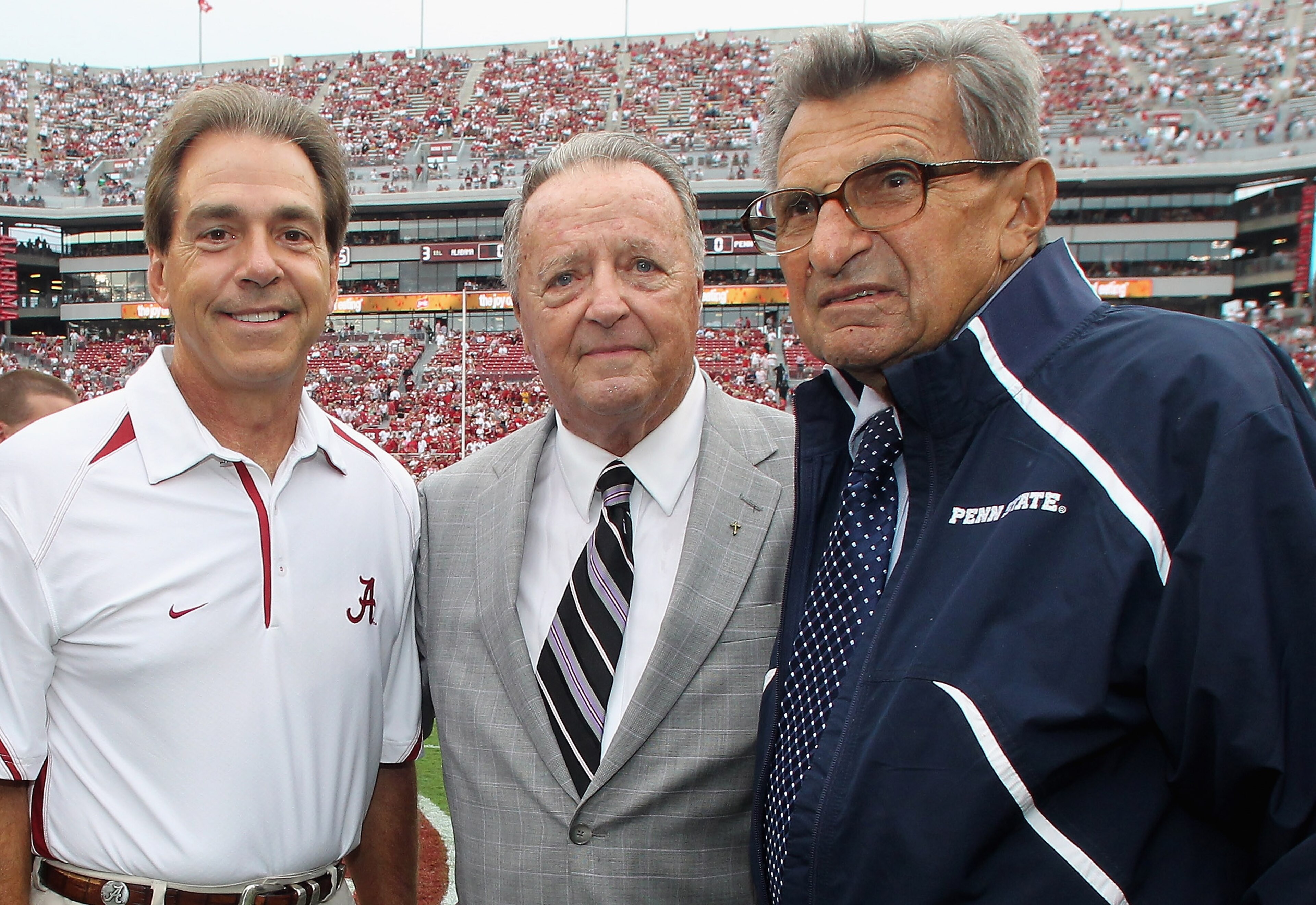 TUSCALOOSA, AL - SEPTEMBER 11:  In this image provided by the University of Alabama, (L-R) head coach Nick Saban of the Alabama Crimson Tide, retired coach Bobby Bowden and head coach Joe Paterno of the Penn State Nittany Lions converse during pre-game wa