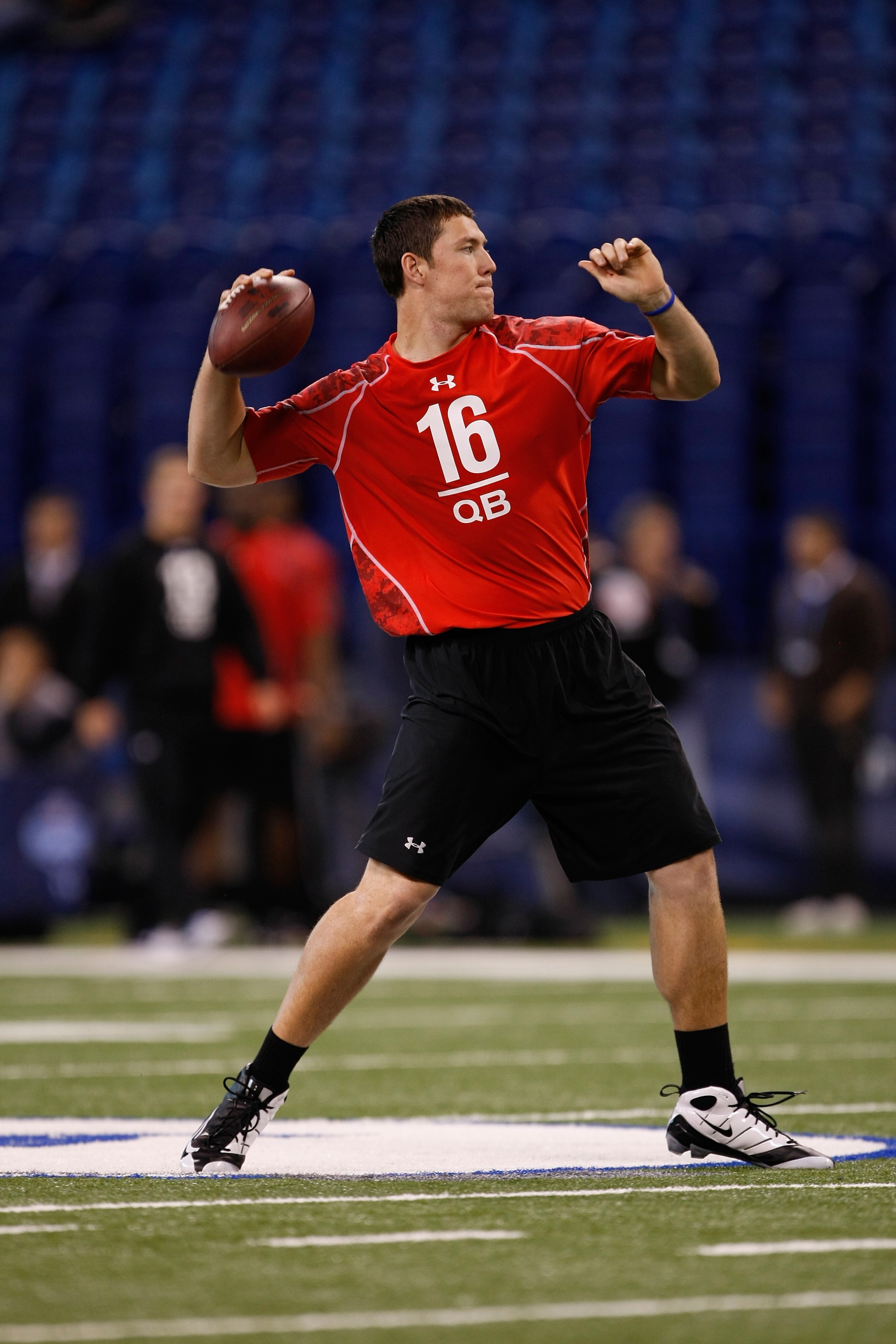 INDIANAPOLIS, IN - FEBRUARY 28: Quarterback John Skelton of Fordham passes the football during the NFL Scouting Combine presented by Under Armour at Lucas Oil Stadium on February 28, 2010 in Indianapolis, Indiana. (Photo by Scott Boehm/Getty Images)