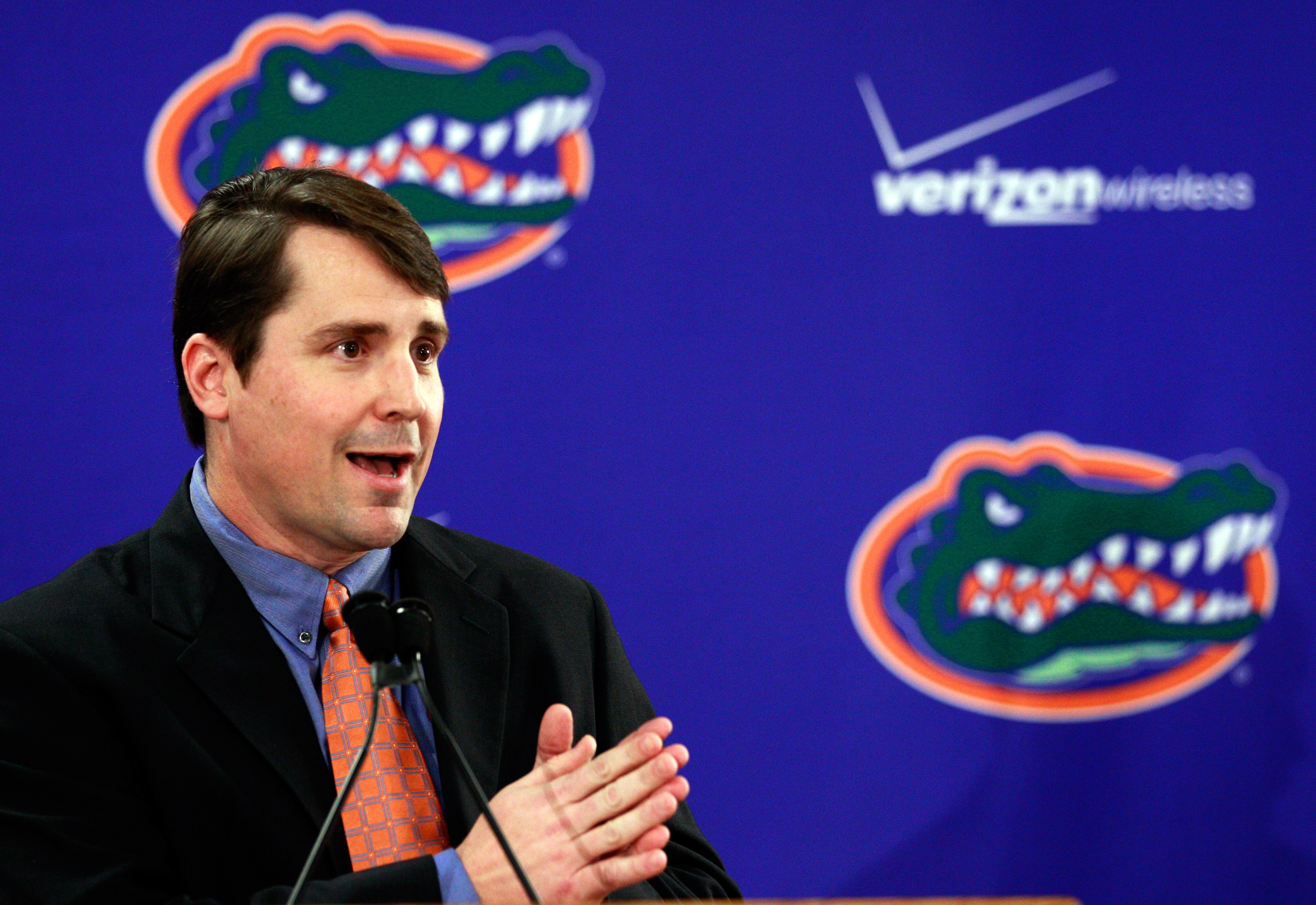 GAINESVILLE, FL - DECEMBER 14:  Former defensive coordinator for the University of Texas, Will Muschamp speaks to the media after being introduced as the head coach of the University of Florida on December 14, 2010 in Gainesville, Florida.  Muschamp is re