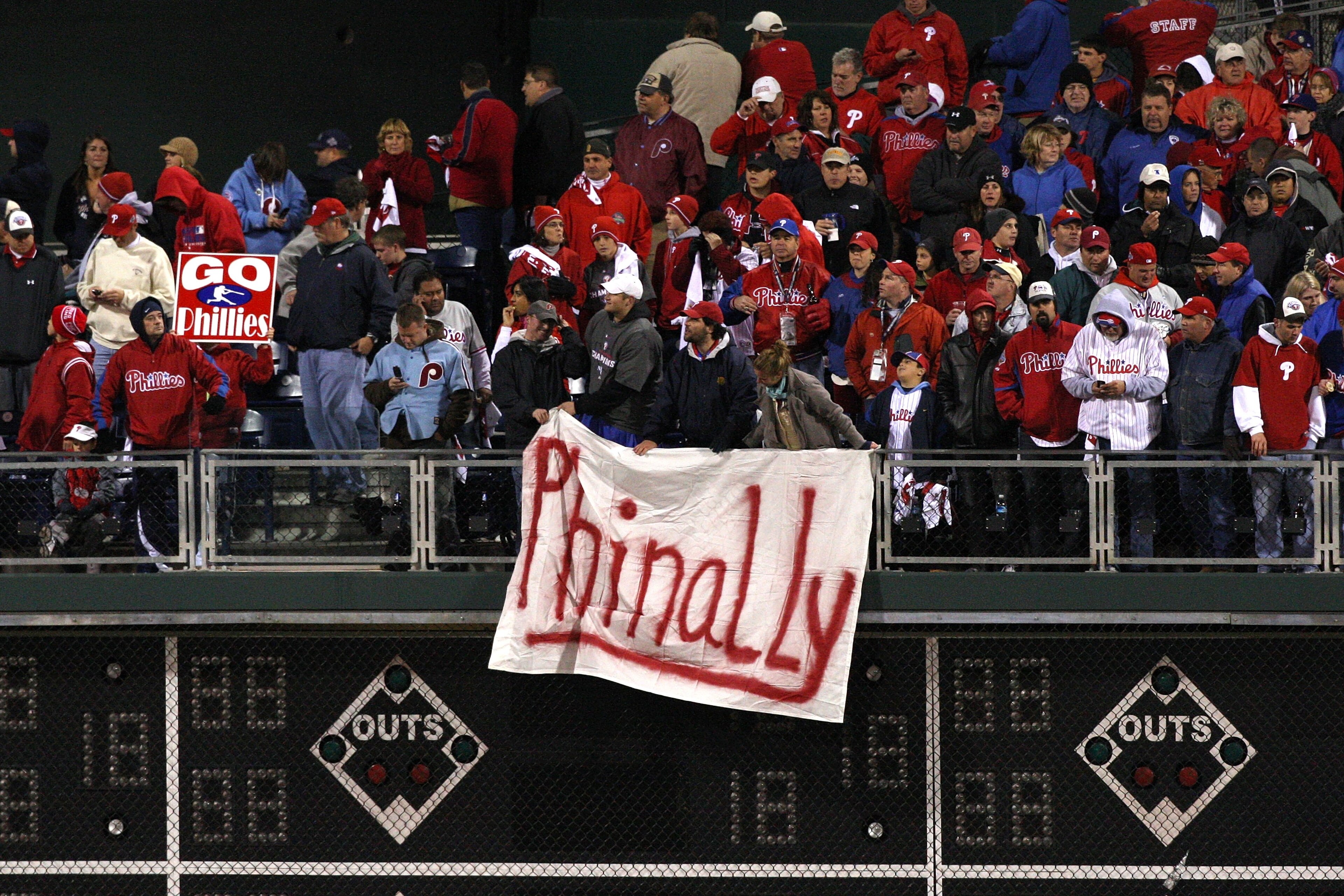 PHILADELPHIA - OCTOBER 27:  Fans of the Philadelphia Phillies holds up a sign which reads 'Phinally' against the Tampa Bay Rays during game five of the 2008 MLB World Series on October 27, 2008 at Citizens Bank Park in Philadelphia, Pennsylvania.  (Photo