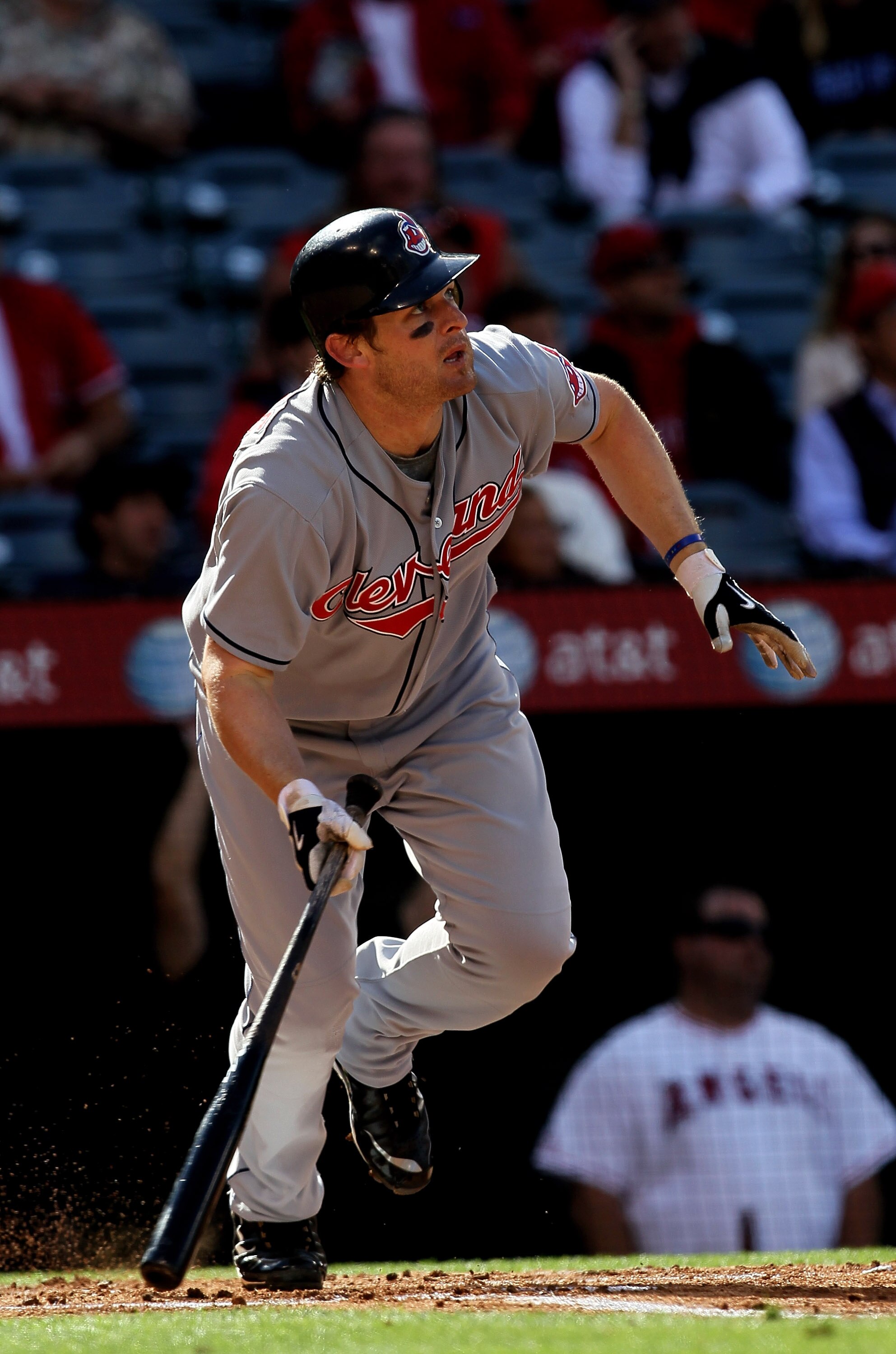 ANAHEIM, CA - APRIL 28:  Austin Kearns #26 of the Cleveland Indians hits a double in the second inning against the Los Angeles Angels of Anaheim on April 28, 2010 at Angel Stadium in Anaheim, California.   (Photo by Stephen Dunn/Getty Images)