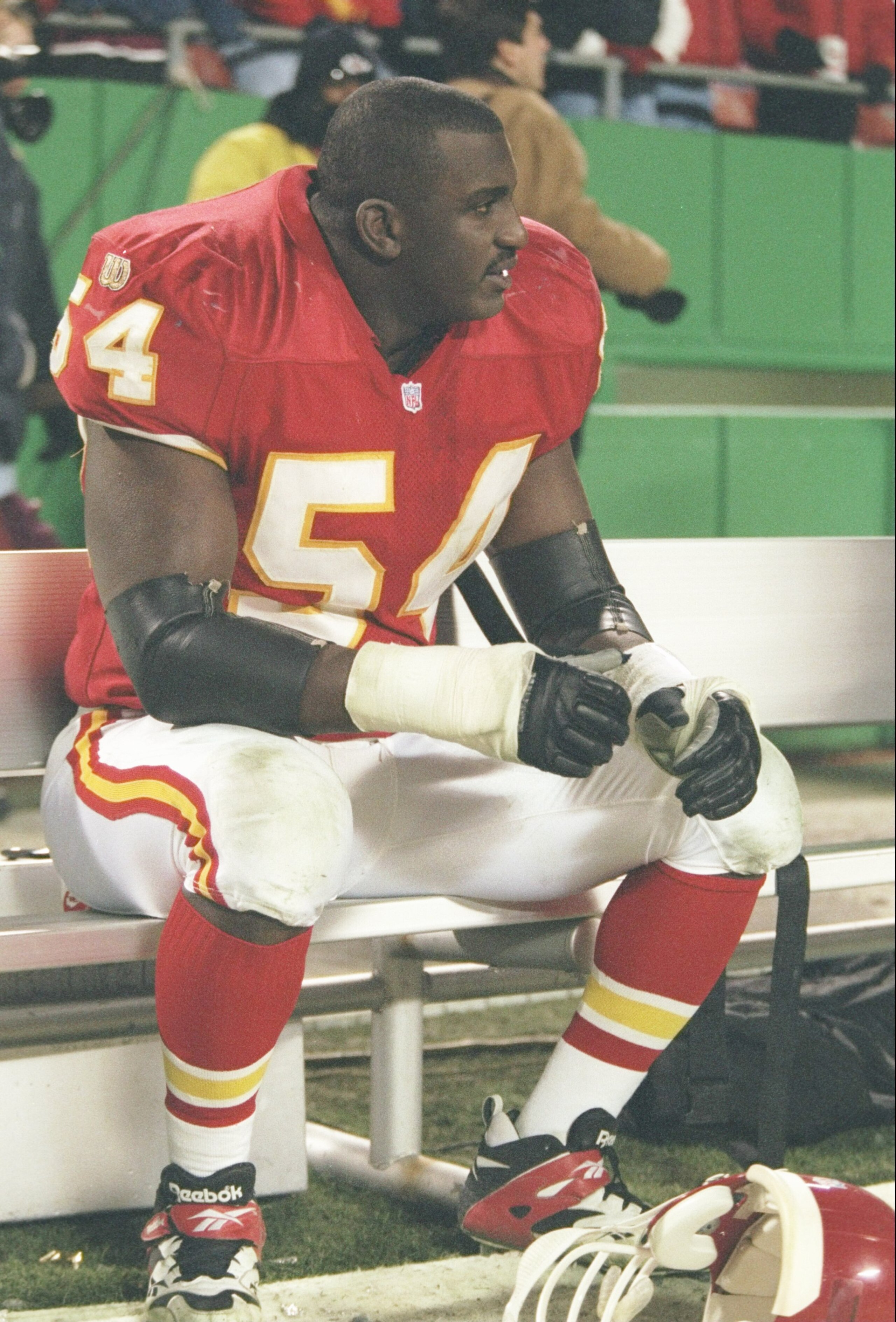 15 Dec 1996:  Linebacker Tracy Simien of the Kansas City Chiefs sits on the sidelines during a game against the Indianapolis Colts at Arrowhead Stadium in Kansas City, Missouri.  The Colts won the game 24-19. Mandatory Credit: Jamie Squire  /Allsport