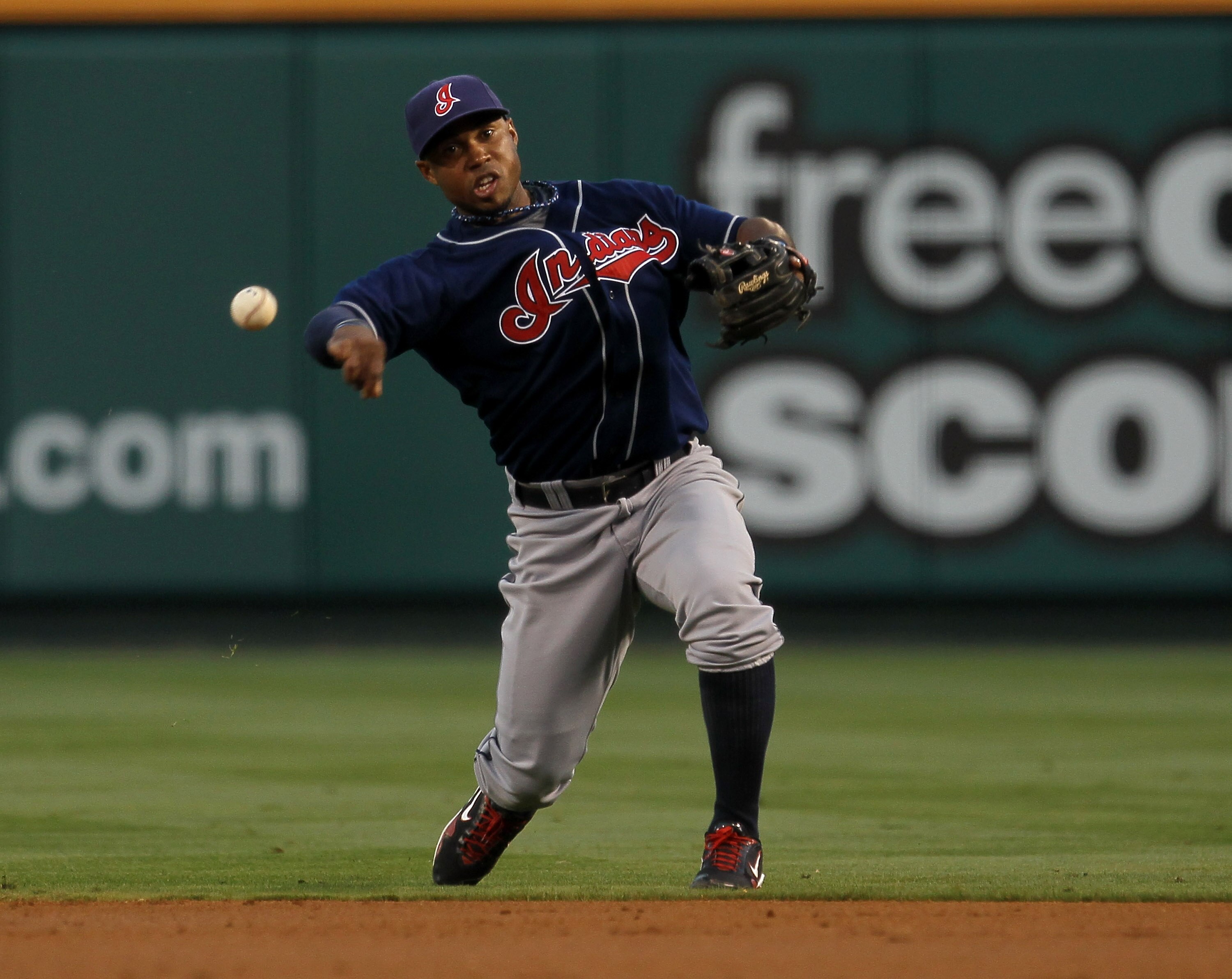 ANAHEIM, CA - SEPTEMBER 6:  Second baseman Luis Valbuena #1 of the Cleveland Indians throws out a runner against the Los Angeles Angels of Anaheim on September 6, 2010 at Angel Stadium in Anaheim, California.  (Photo by Stephen Dunn/Getty Images)
